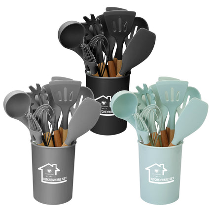 11Pcs Silicone Cooking Utensil Set Heat Resist Wooden Handle Silicone Spatula Turner Ladle Spaghetti Server Tongs Spoon Egg Whish Kitchenware Set w/ H