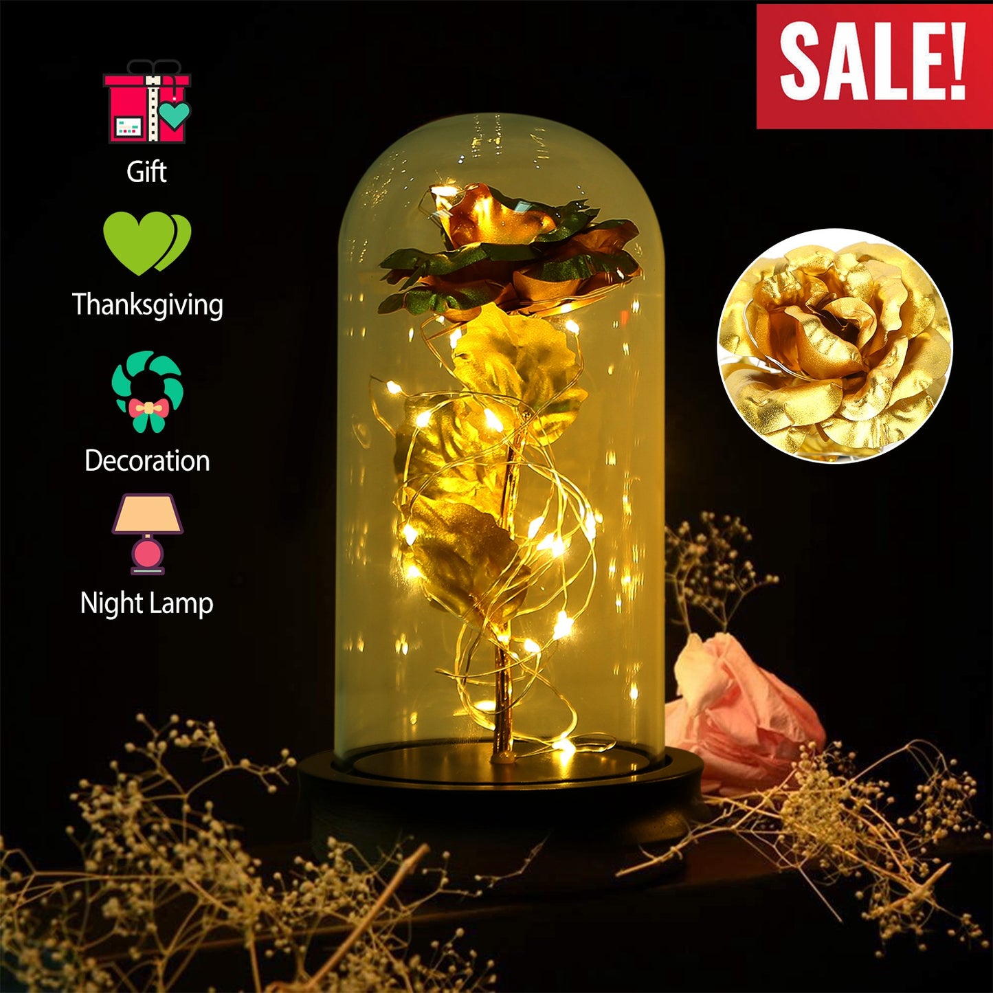 Foil Rose LED String Light Rose Fairy Lamp w/ Glass Dome For ValentinesÕ Day MotherÕs Day Wedding Birthday