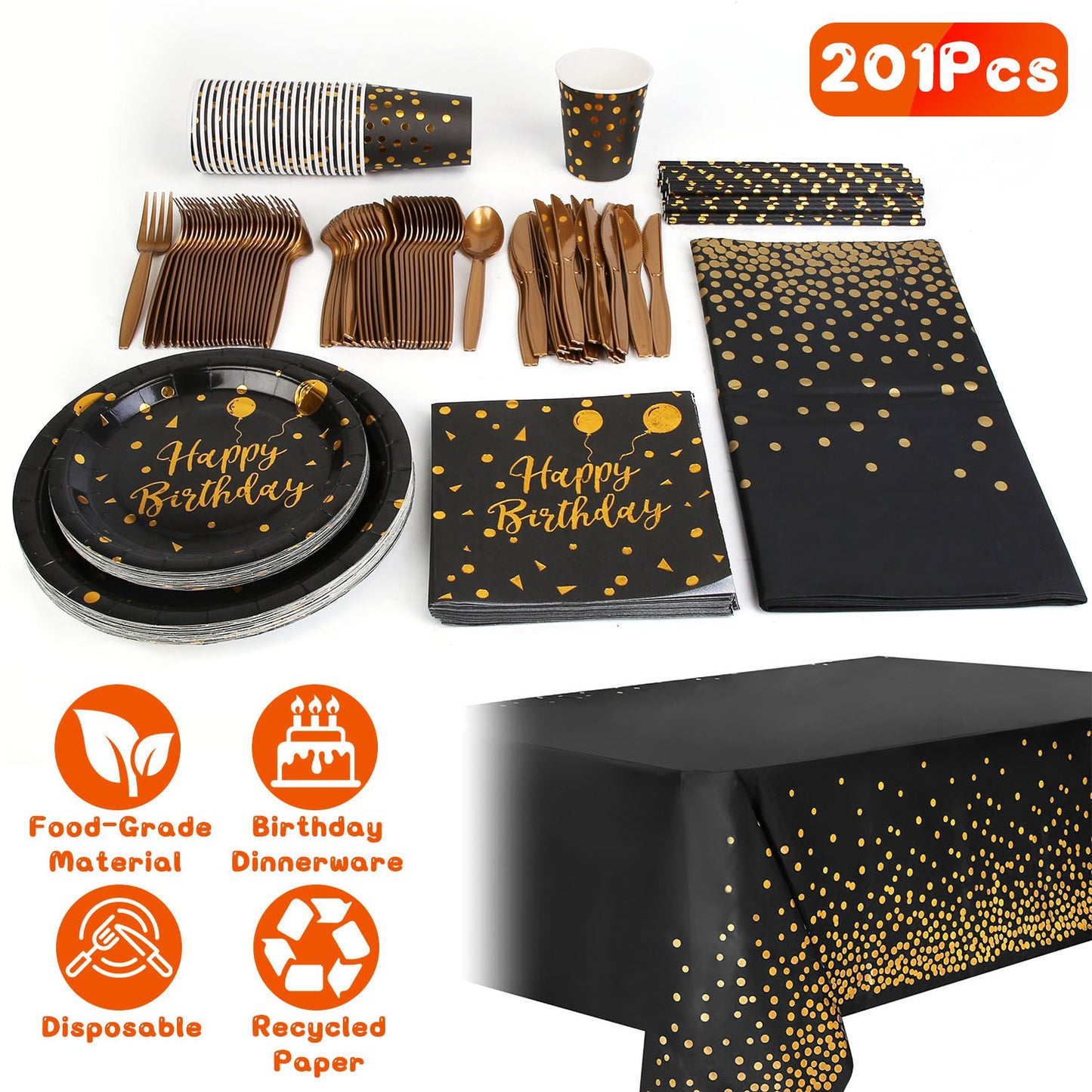 201PCS Black Gold Birthday Party Supplies For 25 Guests Happy Birthday Disposable Dinnerware Set Paper Plates 9OZ Cups Straws Napkins Forks Knives Spo