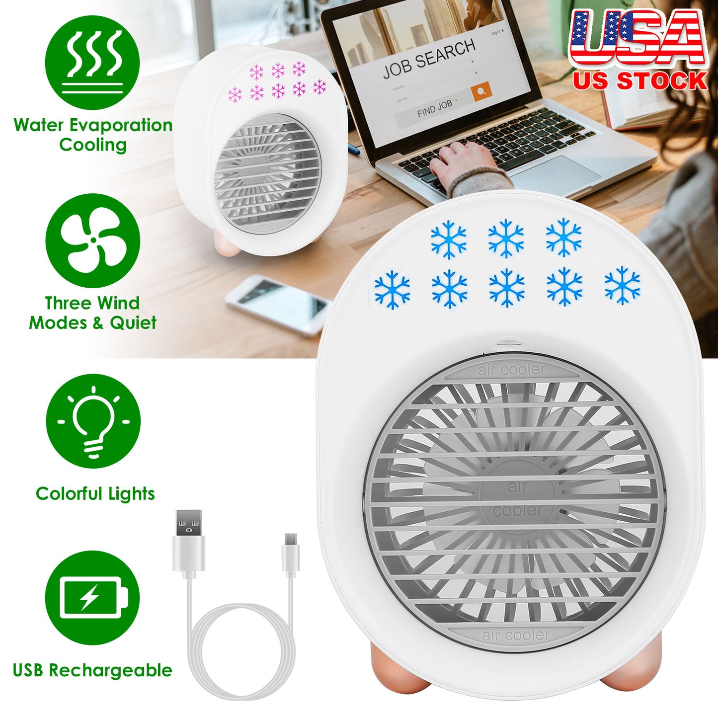 4 In 1 Portable Mini Desktop Air Conditioner Fan Water Mist Cooling Fan USB Rechargeable Humidifier Fan Evaporative Air Cooler 3 Wind Modes Colorful L