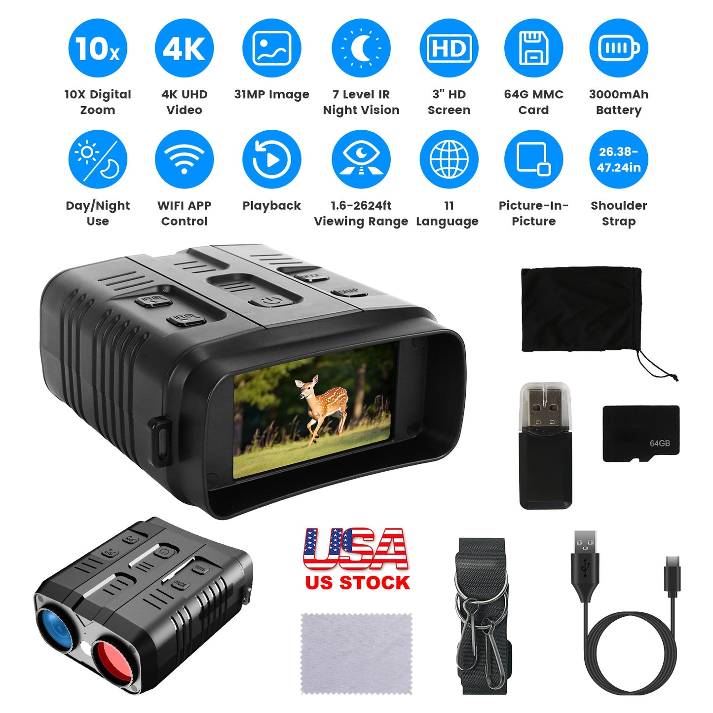 Night Vision Goggles 4K Full-Color BinocularsÊ10XÊZoom with 2624ft Viewing Range 3\'\' Screen 64G MMC Card WIFI APP Control Save Photo and Video for C