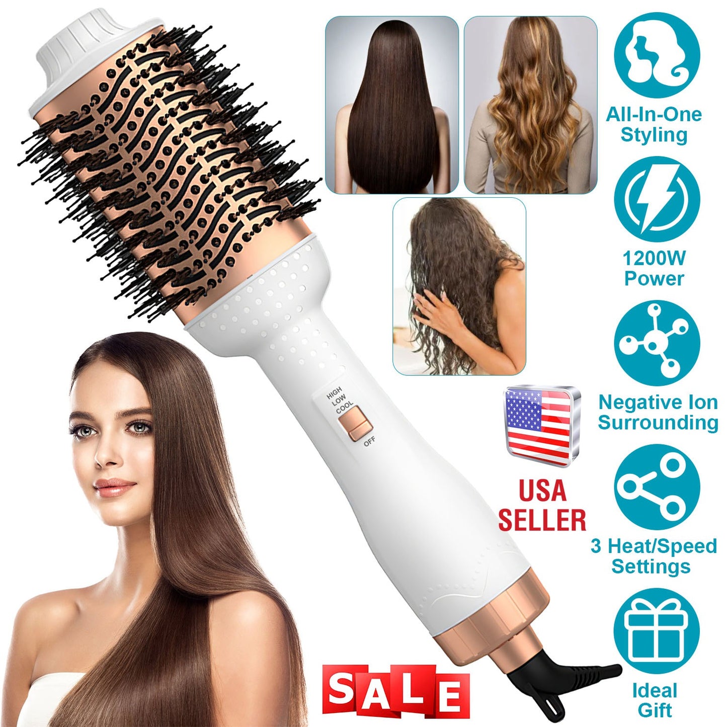 4 In 1 Hair Dryer Brush Curling Brush Hair Styler Volumizer Straightener Negative Ion Anti-frizz Hot-Air Hair Brush for All Hair Types Black White