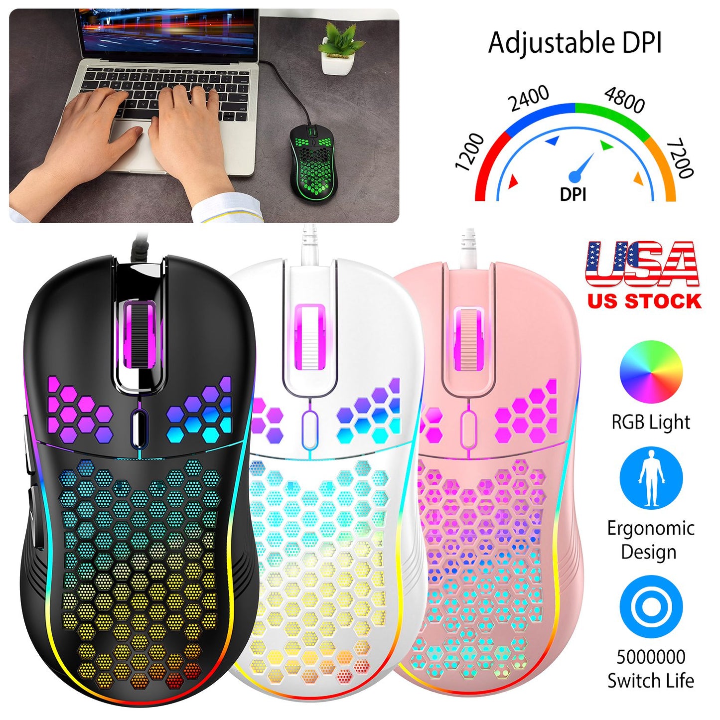 Wired Gaming Mouse 7200 DPI Laptop Optical Mouse Honeycomb Lightweight  Mouse with 4 Adjustable DPI Levels 7 Changeable Colors 6 Keys