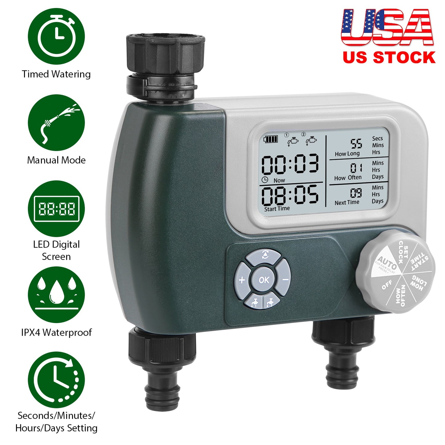 Sprinkler Timer with 2 Outlet Zones Digital Programmable Hose Faucet Timer Manual Automatic Watering Intelligent Drip Irrigation System for Garden Yar
