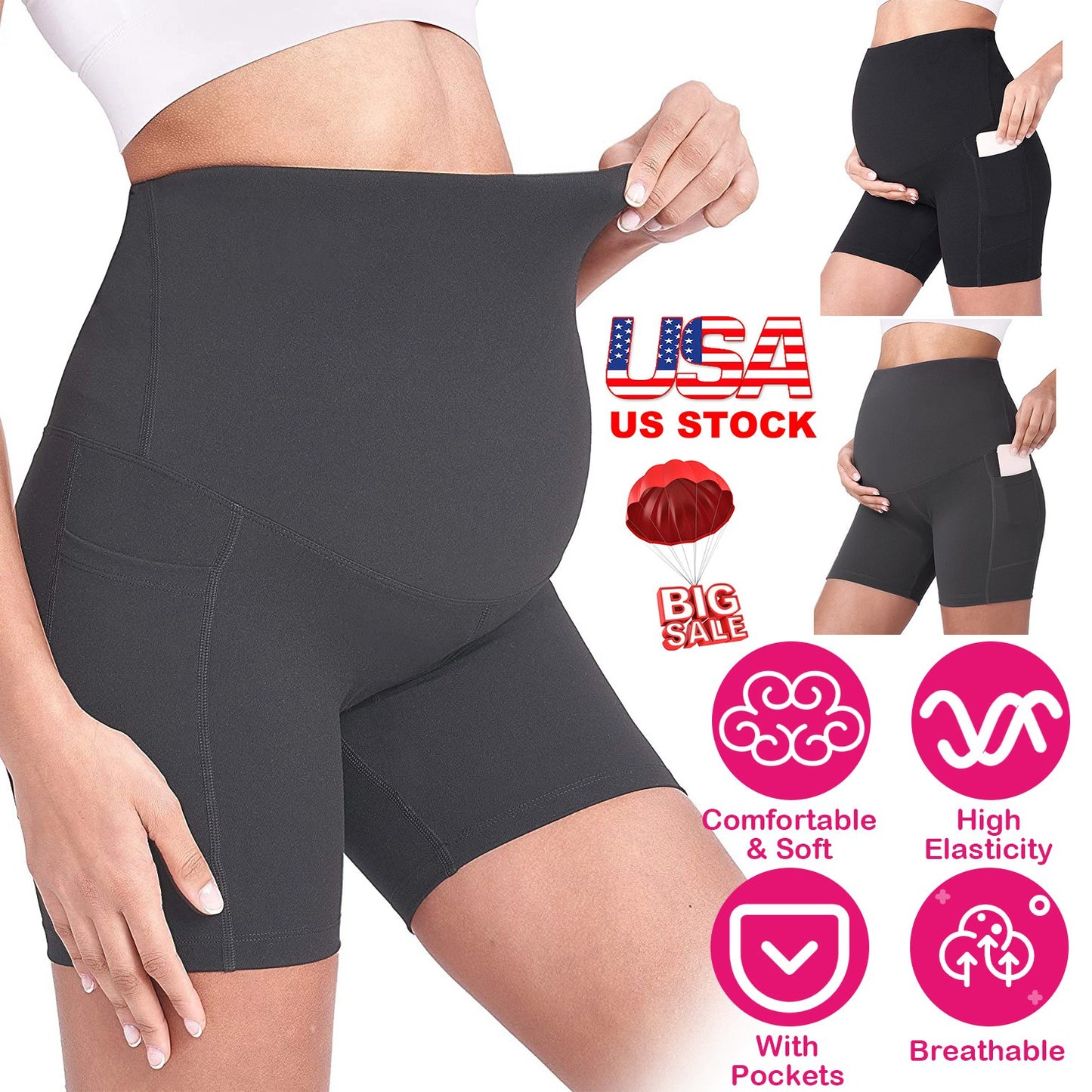 Women Maternity Shorts Seamless Pregnancy Underwear Shapewear Fitness Yoga Running Shorts High Waist Over The Belly Pants with Two Side Pockets