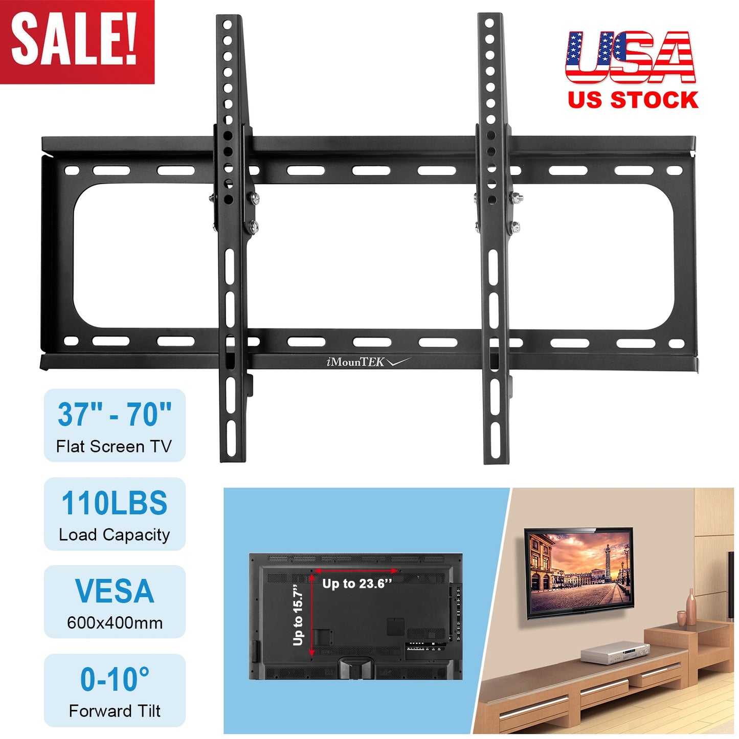 Tilt TV Wall Mount Bracket For 37-70in LED/LCD/PLASMA Flat TV VESA 600x400mm Tilting -10¡