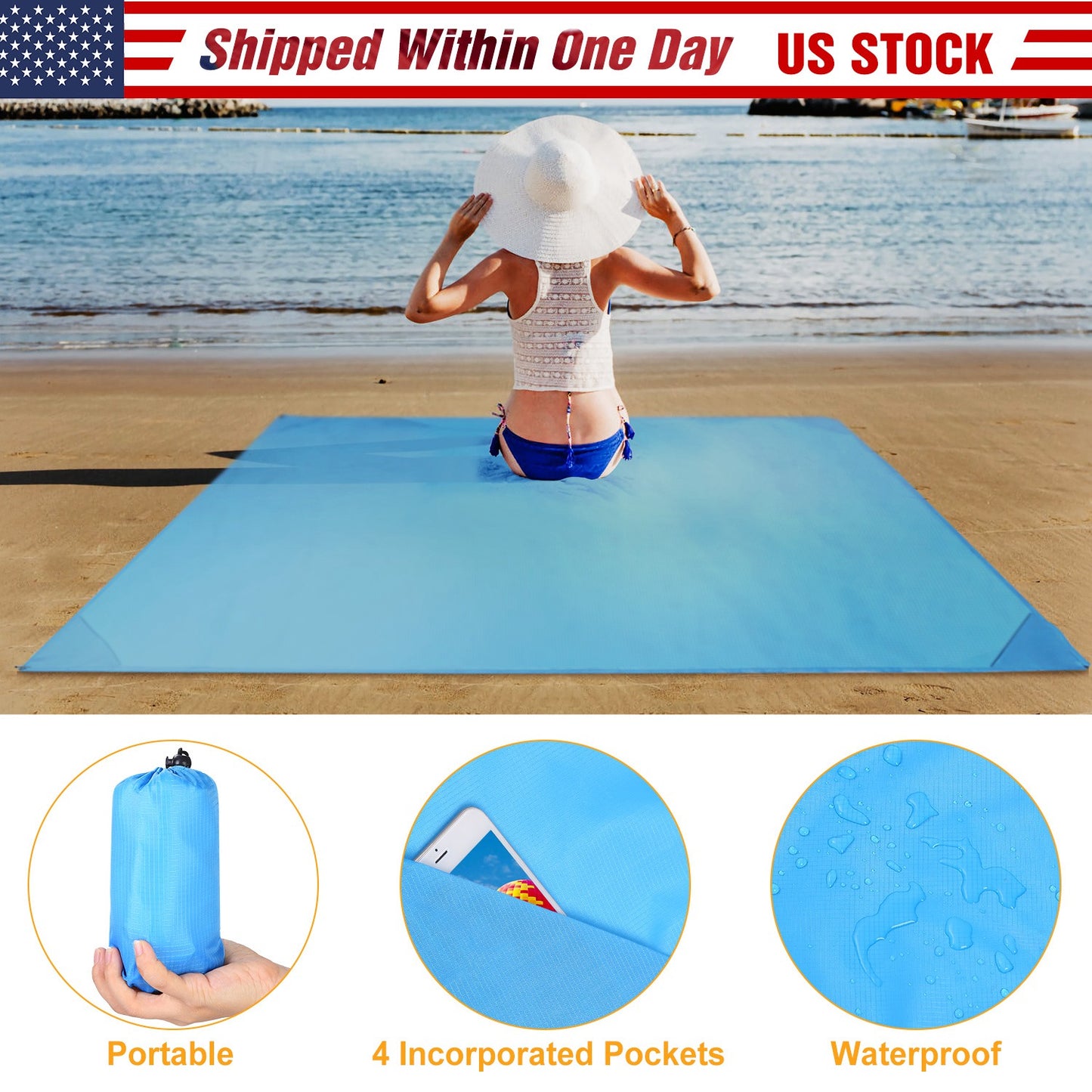 Portable Beach Blanket 4.6Õ x 6.6Õ Waterproof Foldable Camping Rug Pocket Sandproof Picnic Mat for Camping Picnic Hiking Grass Travel