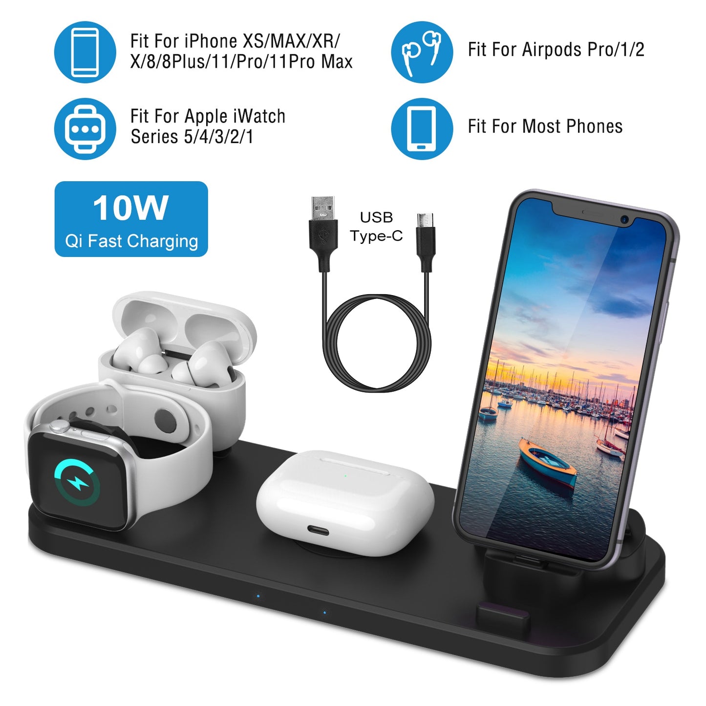 6 In 1 Qi Wireless Charger 10W Fast Charging Station Fit For iWatch 5/4/3/2/1 Airpods Pro/1/2 IOS phone Xs/MAX/XR/X/8/8Plus/11/Pro/11Pro max Galaxy No
