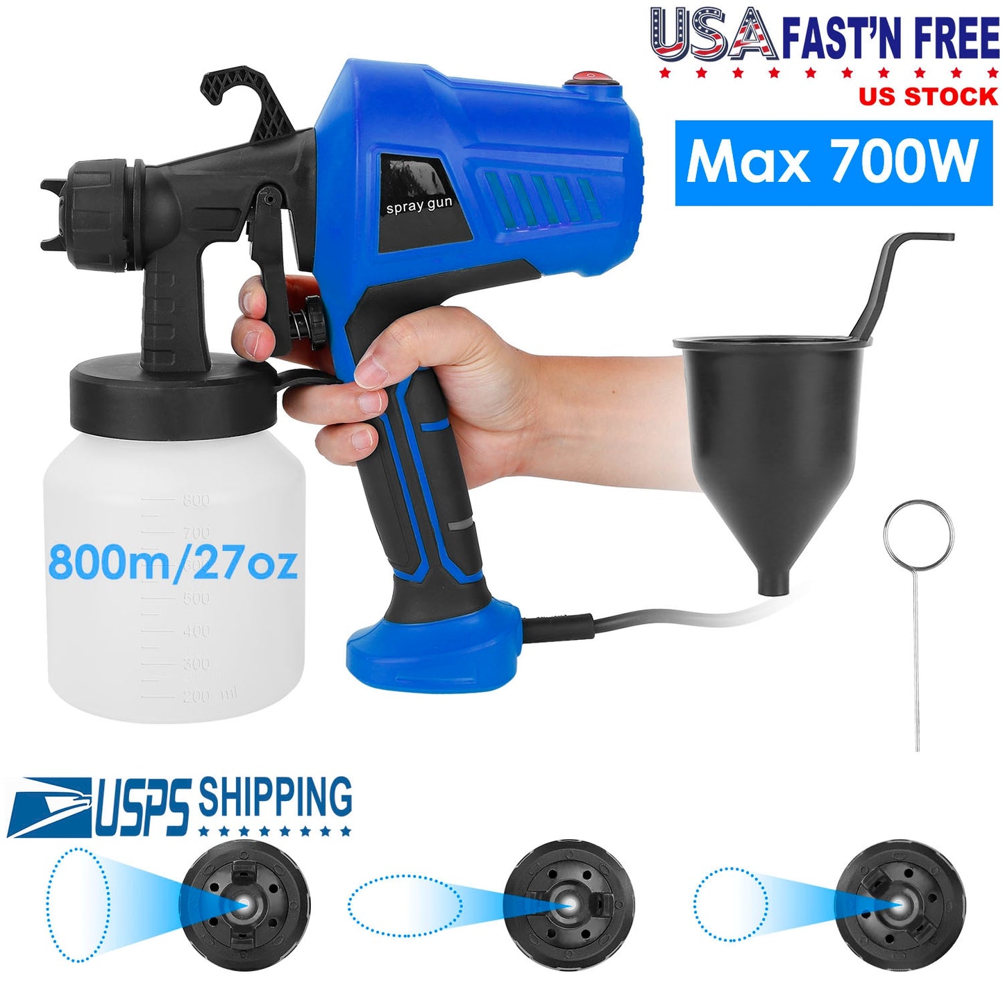 700W Electric Paint Sprayer Handheld HVLP Spray Painter Painting Spray Gun For Fences Brick Walls w/ 3 Spray Patterns 800ML Detachable Cup