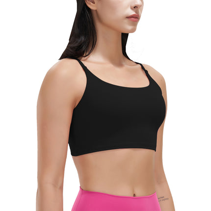 Women Strap Sport Bras Padded Strappy Crop Square Neck Low Impact Bras Sexy Fitness Tank Tops with Removable Pads Flat Straps for Gym Yoga Workout Run