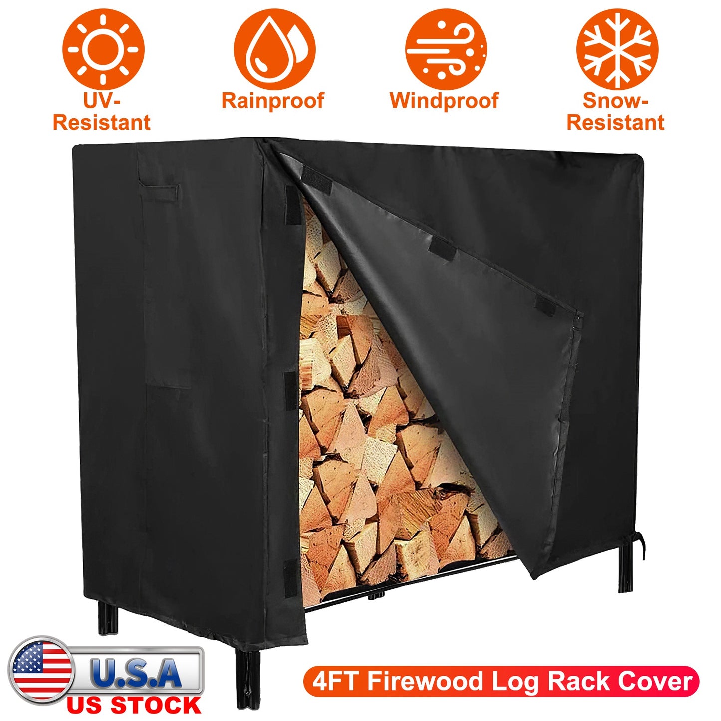 4FT Firewood Log Rack Cover Rectangular Wood Rack Cover 420D Oxford Fabric Waterproof Windproof UV Resistant Tear-resistant 48x24x42in Black