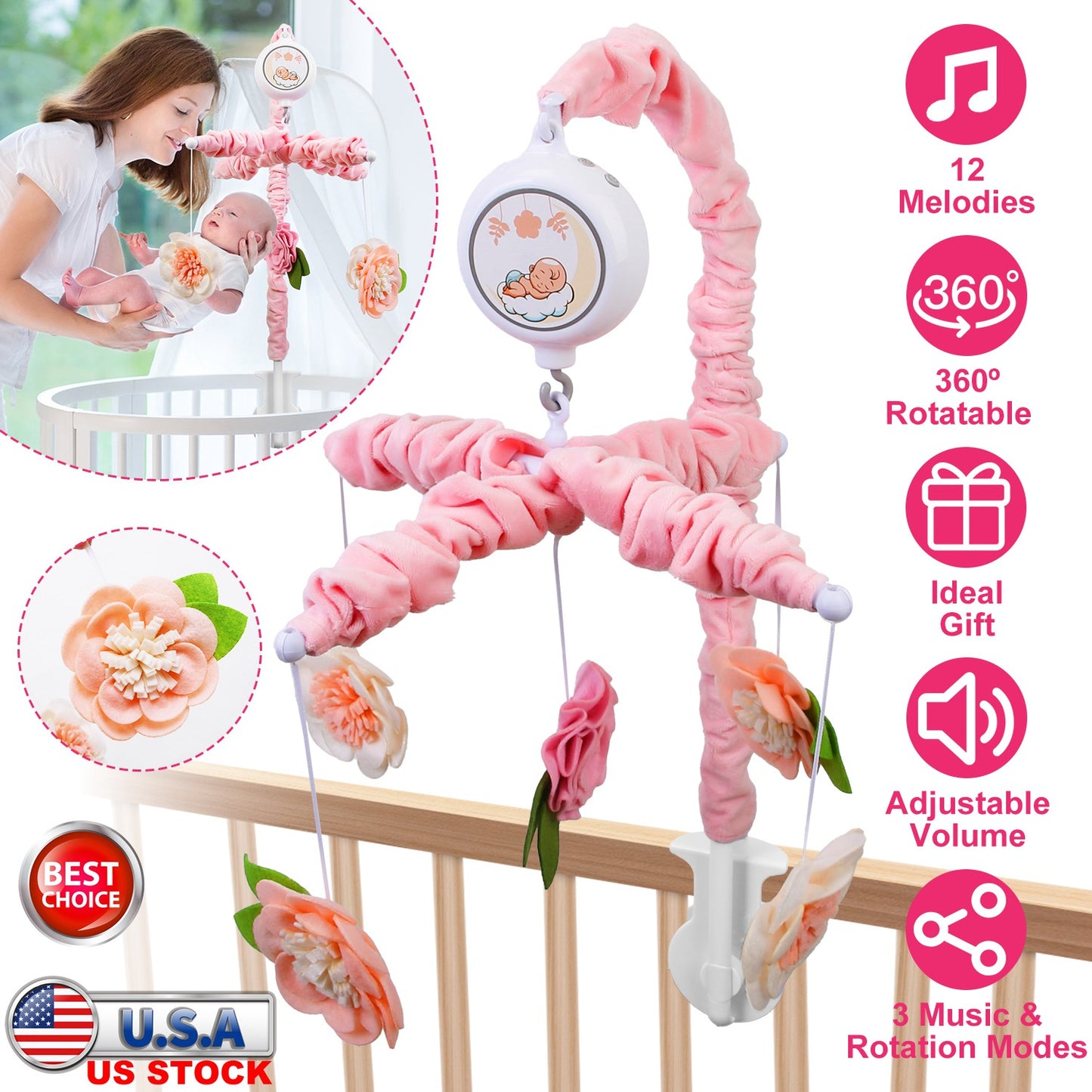 Musical Crib Mobile for Girls Baby Musical Crib Bed Bell Nursery Mobile with 12 Melodies 5 Flower Rattles 3 Modes Volume Adjustment Newborn Gift