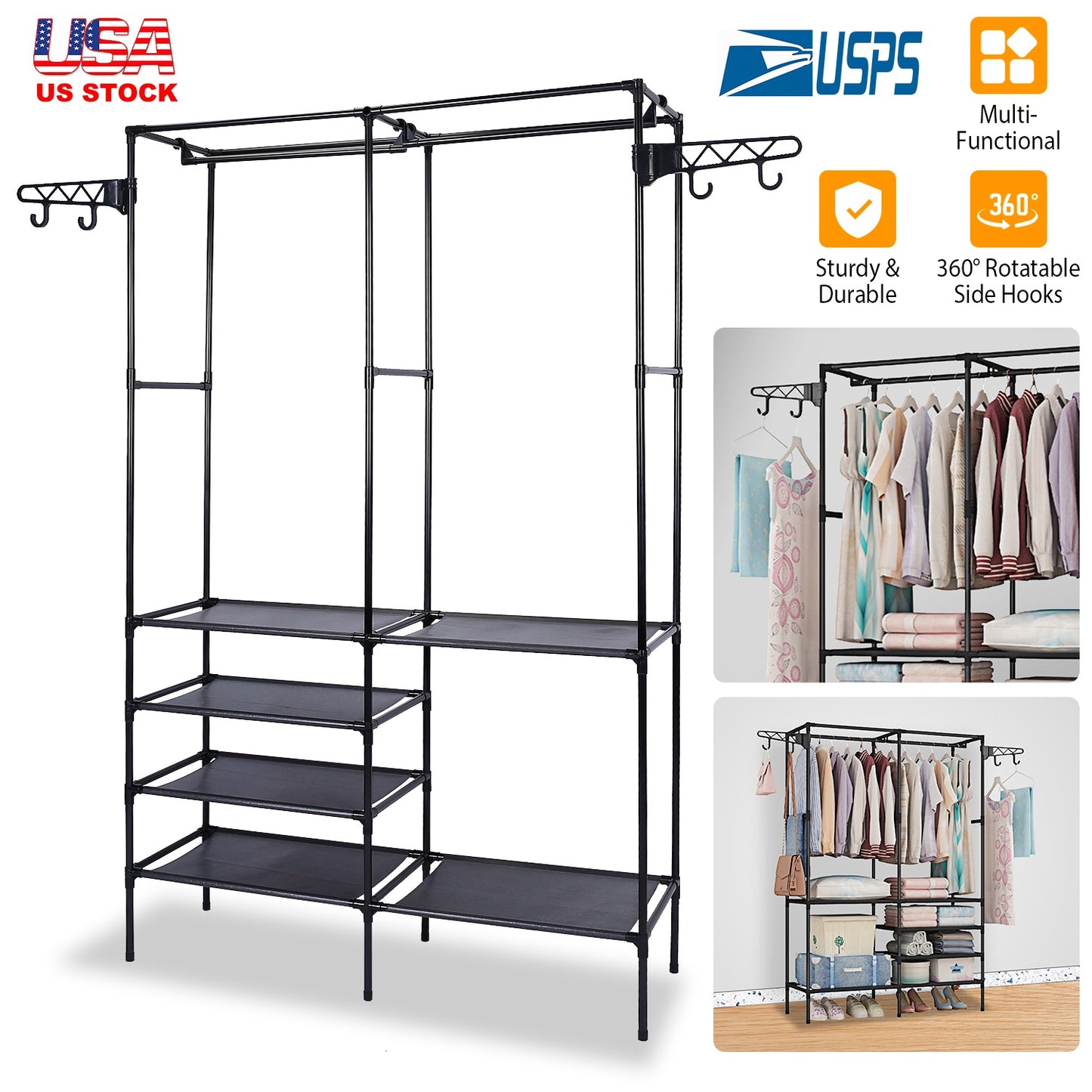 Metal Garment Rack Shoe Clothing Organizer Shelves Freestanding Multifunctional Clothes Wardrobe