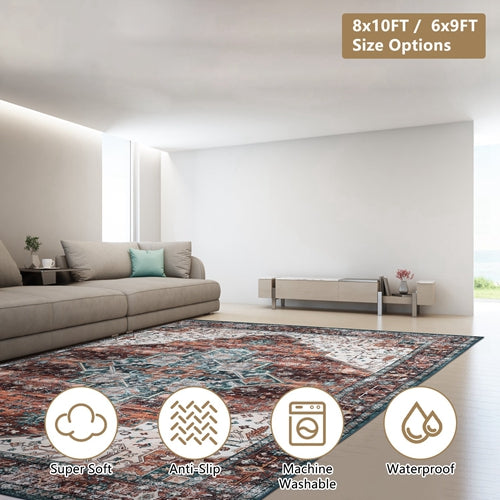 Vintage Boho 8x10 Rug – Washable, Non-Slip & Waterproof