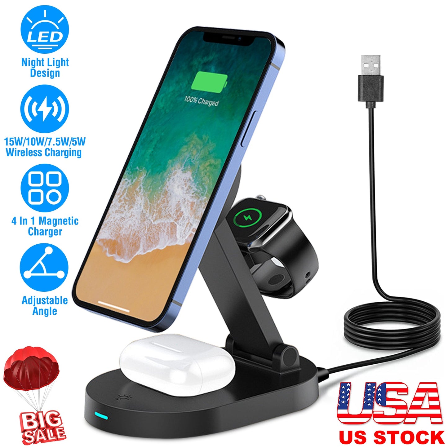 4 In 1 Magnetic Wireless Charging Station Dock Charger 15W Foldable Fast Charging Stand Fit for iPhone 13 12 Pro Pro Max Mini iWatch 7 6 5 4 3 2 1 Air