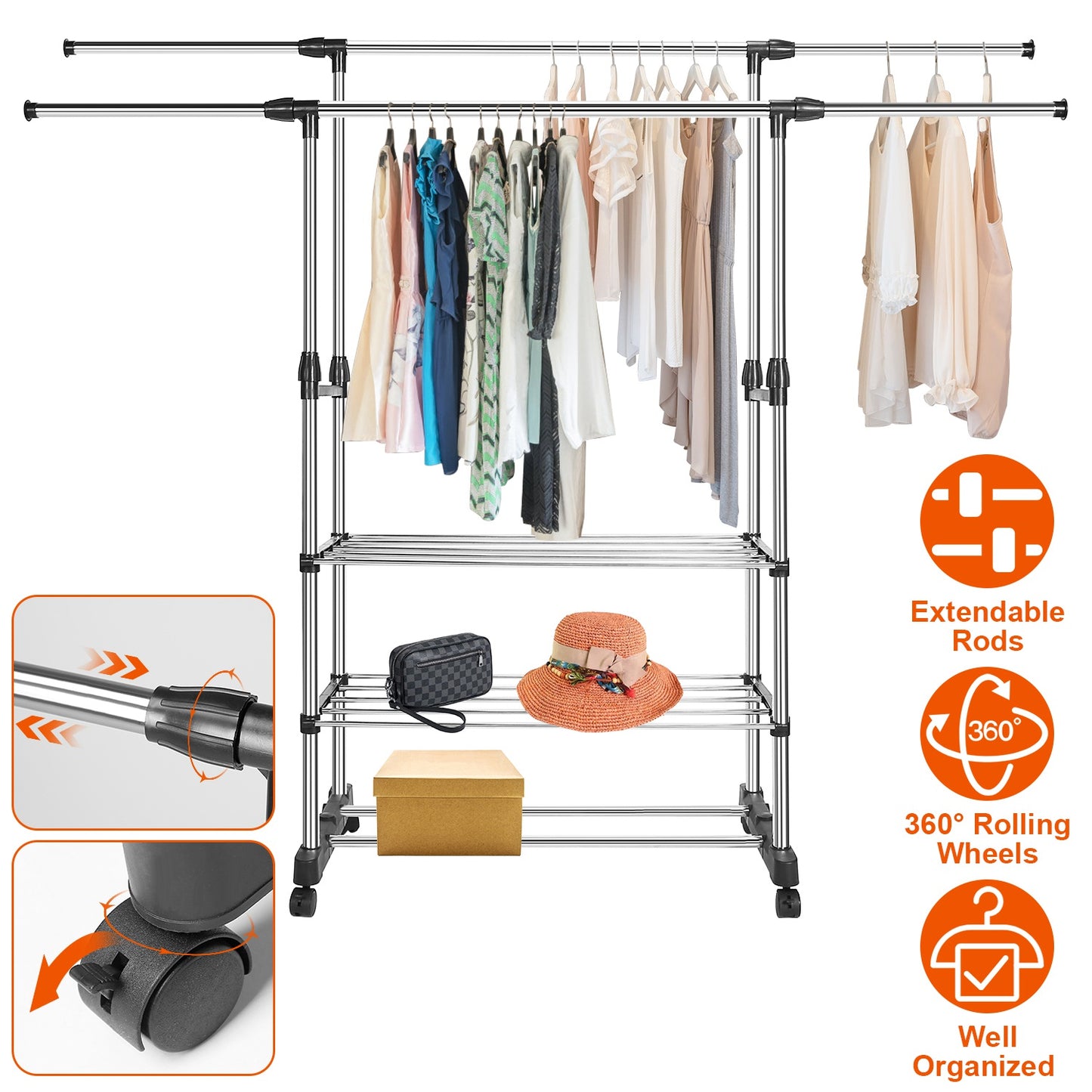 Extendable Garment Hanging Rack Clothing Hanging Rail Pillow Shoe Display Organizer w/ Rolling Wheels Hold up to 77LBS