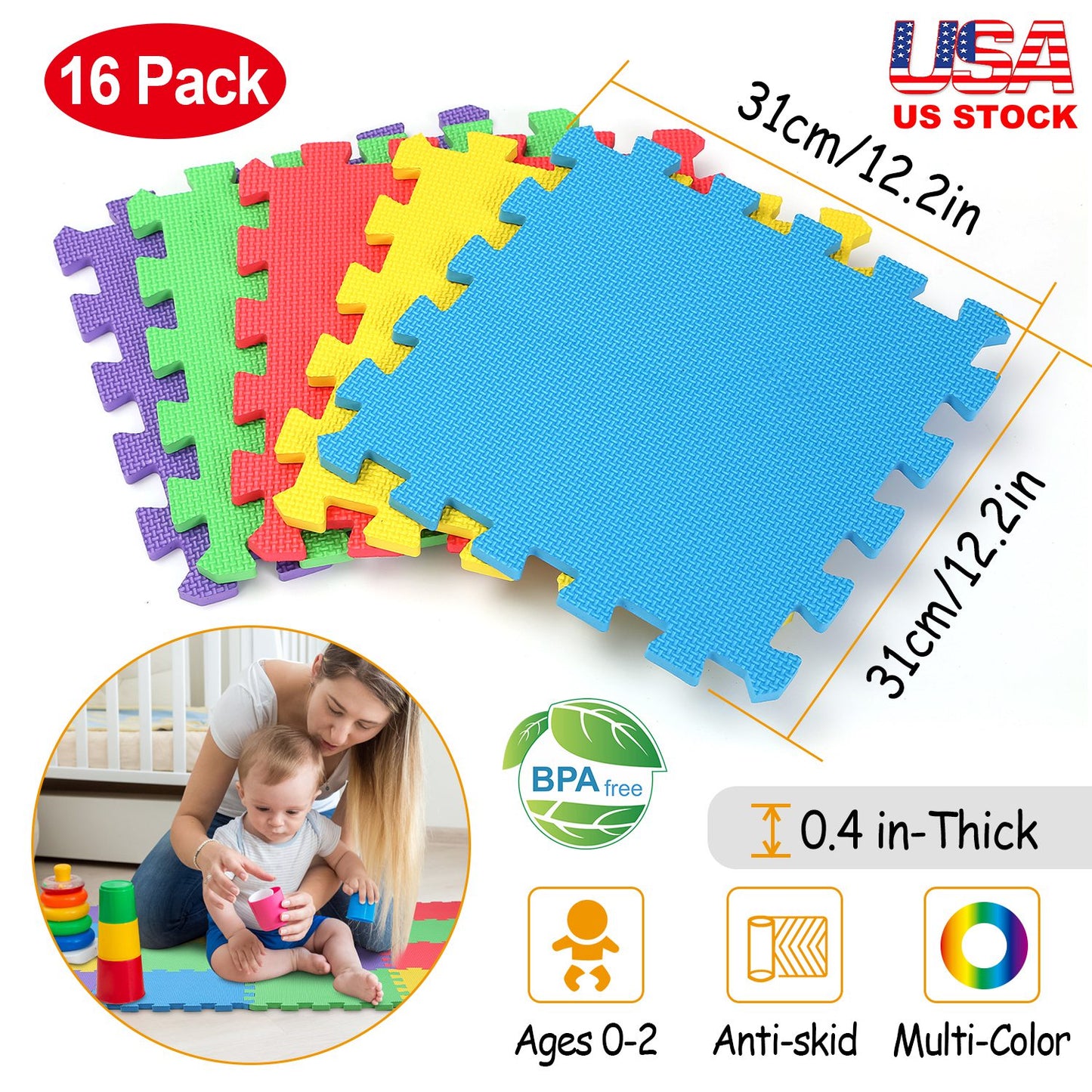 16Pcs Kids Puzzle Exercise Play Mat Interlocking Non-Toxic EVA Floor Mat Multi-Color Anti-Skid Playmat for Infants Baby Toddlers