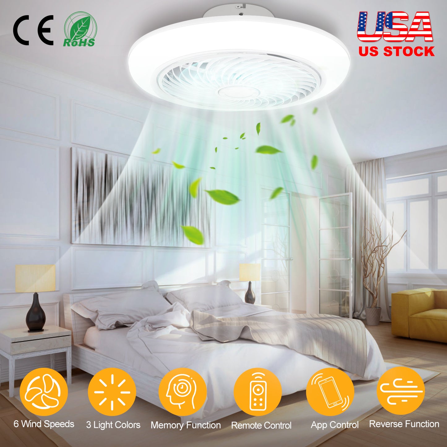 17.71in LED Ceiling Fan with Light Round Pendant Fan Lamp Low Profile Fan Light with 6 Fan Speed 3 Colors Remote Control APP Control Timer Function