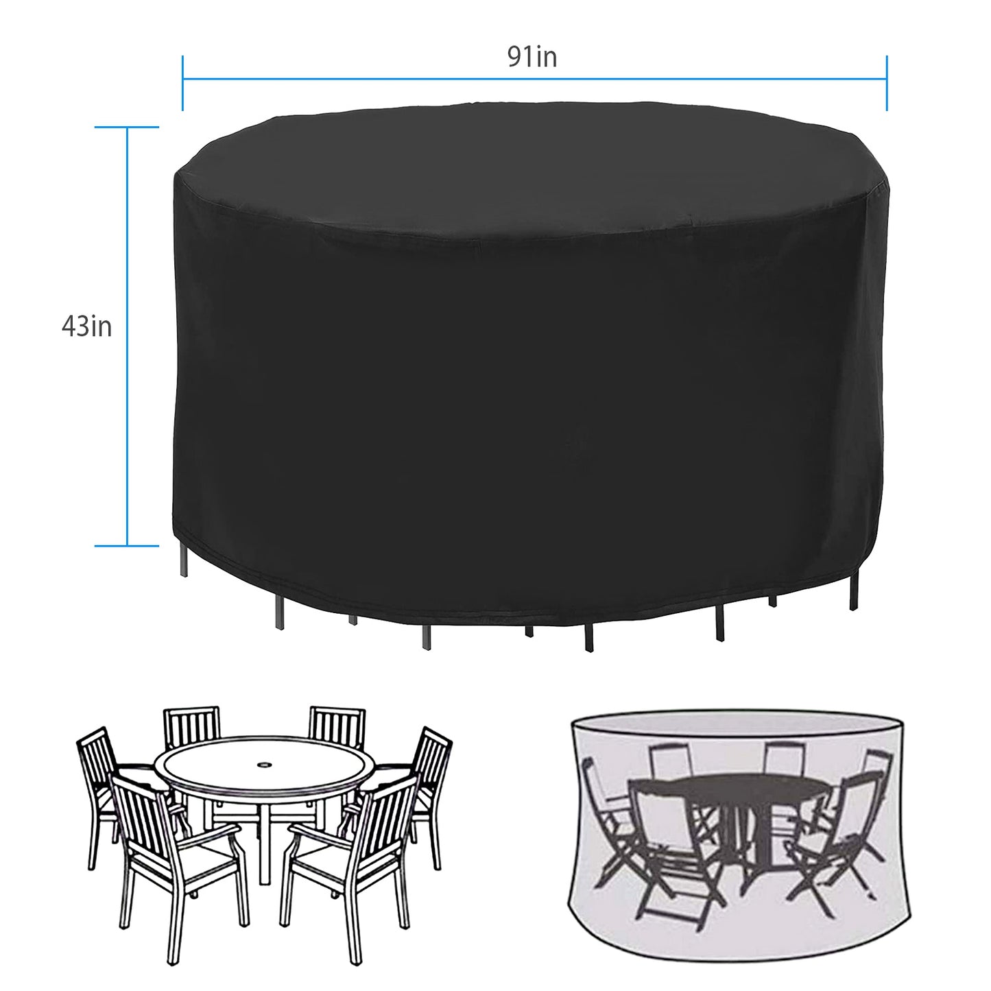 91x43in Circular Table Cover 6-Seat UV Water Resistant Outdoor Furniture Protector For Small Round Table Chairs Set