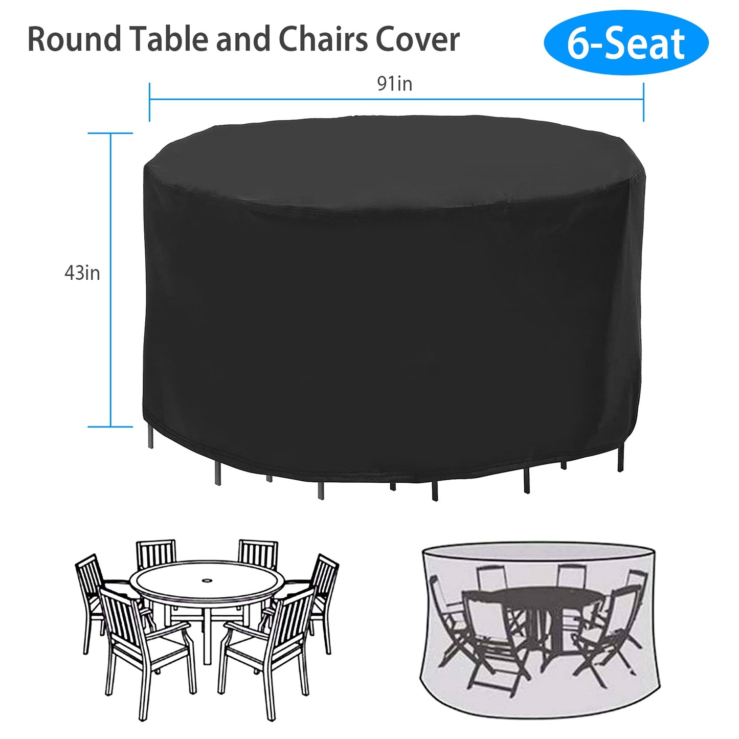 91x43in Circular Table Cover 6-Seat UV Water Resistant Outdoor Furniture Protector For Small Round Table Chairs Set