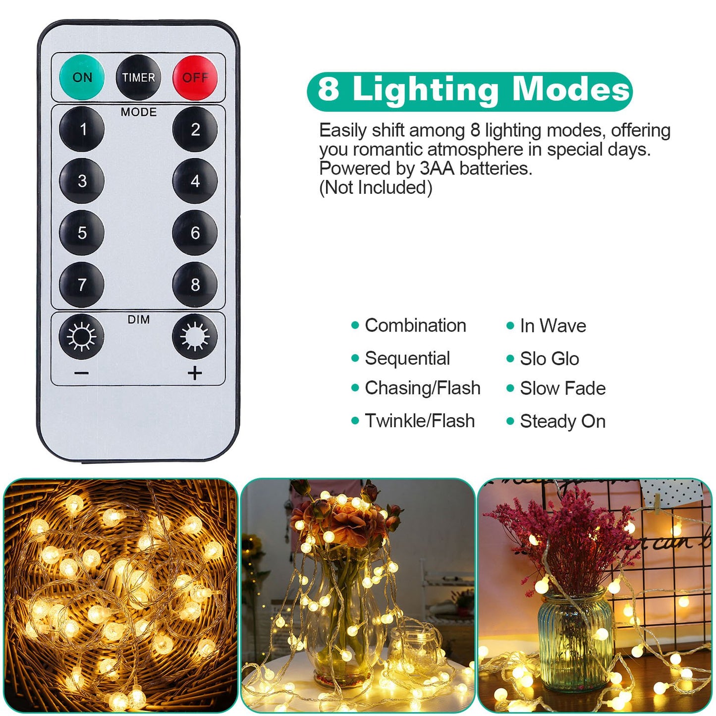 32.8Feet Globe String Lights Battery Powered Waterproof Decorative Fairy Lamp with 8 Lighting Modes Remote Control for Garden Lawn Patio