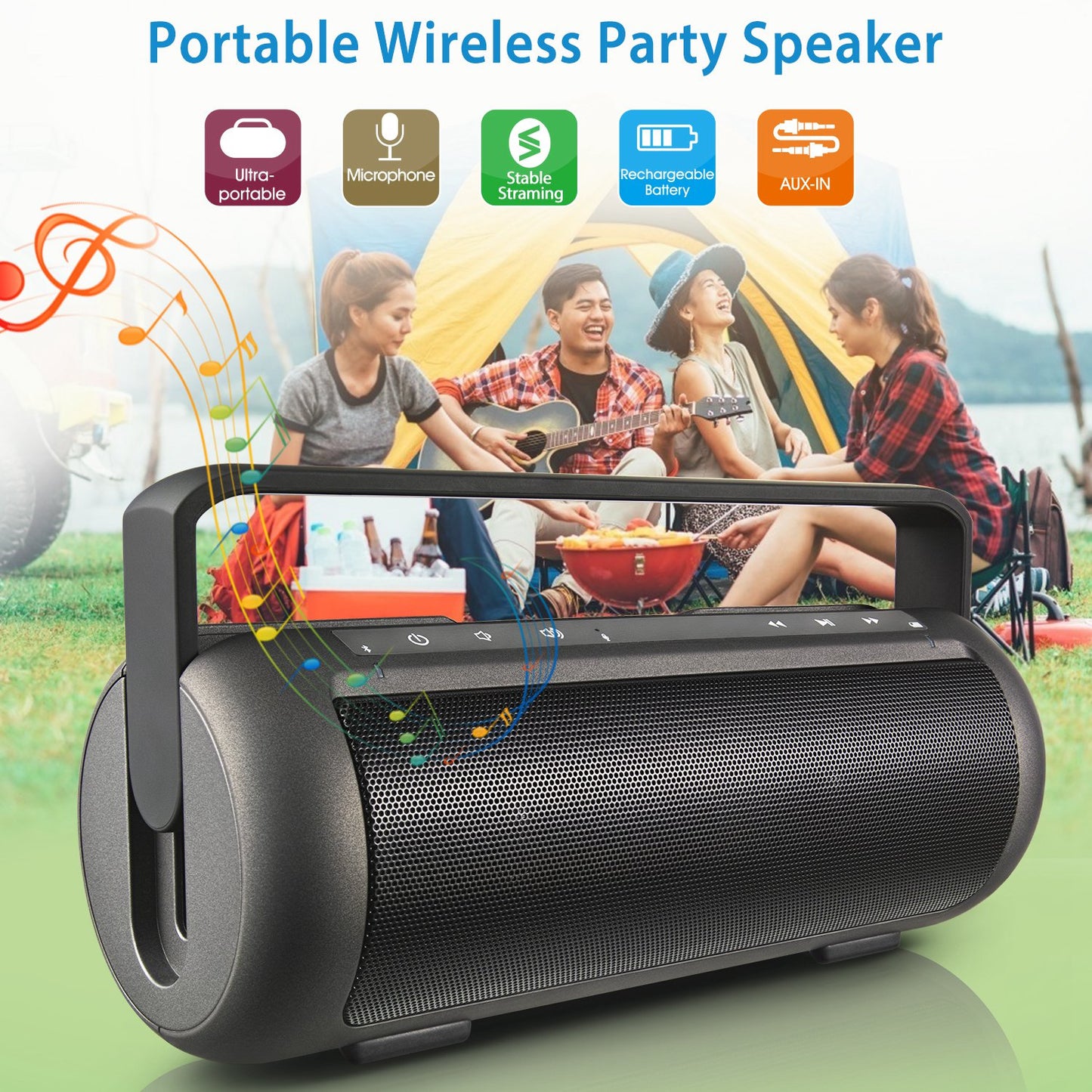 iRola Wireless Speaker Powerful Dual Subwoofer Stereo Bass Noise Cancelling w/Mic Aux-in for Camping Party