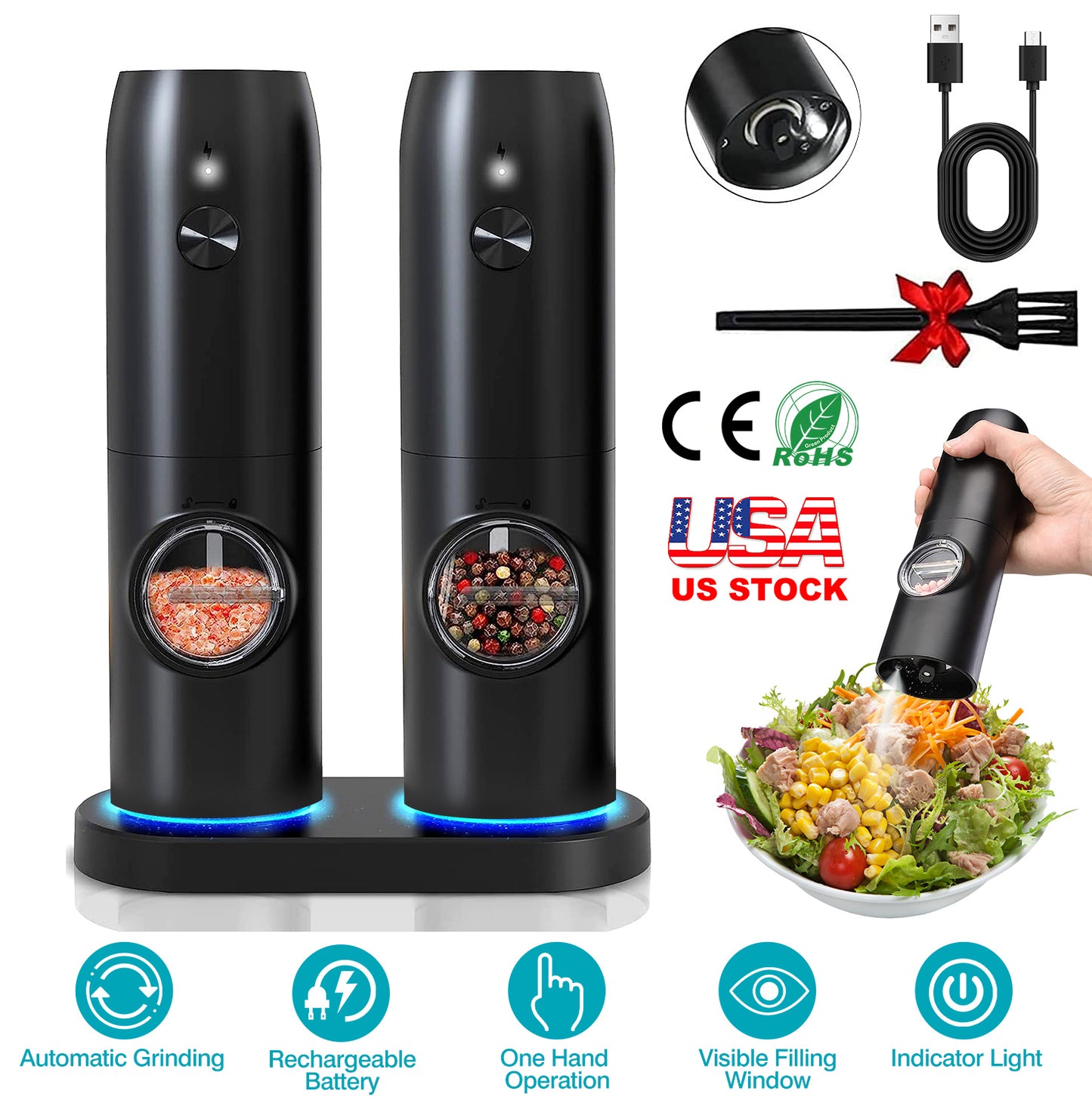 Electric Salt and Pepper Grinder Rechargeable Charging Base Automatic Salt Mill LED Indicator Adjustable Coarseness One Hand Easy Operation