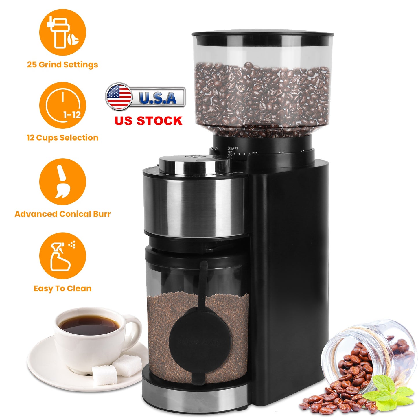 Conical Burr Coffee Grinder Electric Coffee Bean Grinder with 25 Grind Settings 12 Cups Selection for Drip/Percolator/French Press/Espresso/Cold Brew/