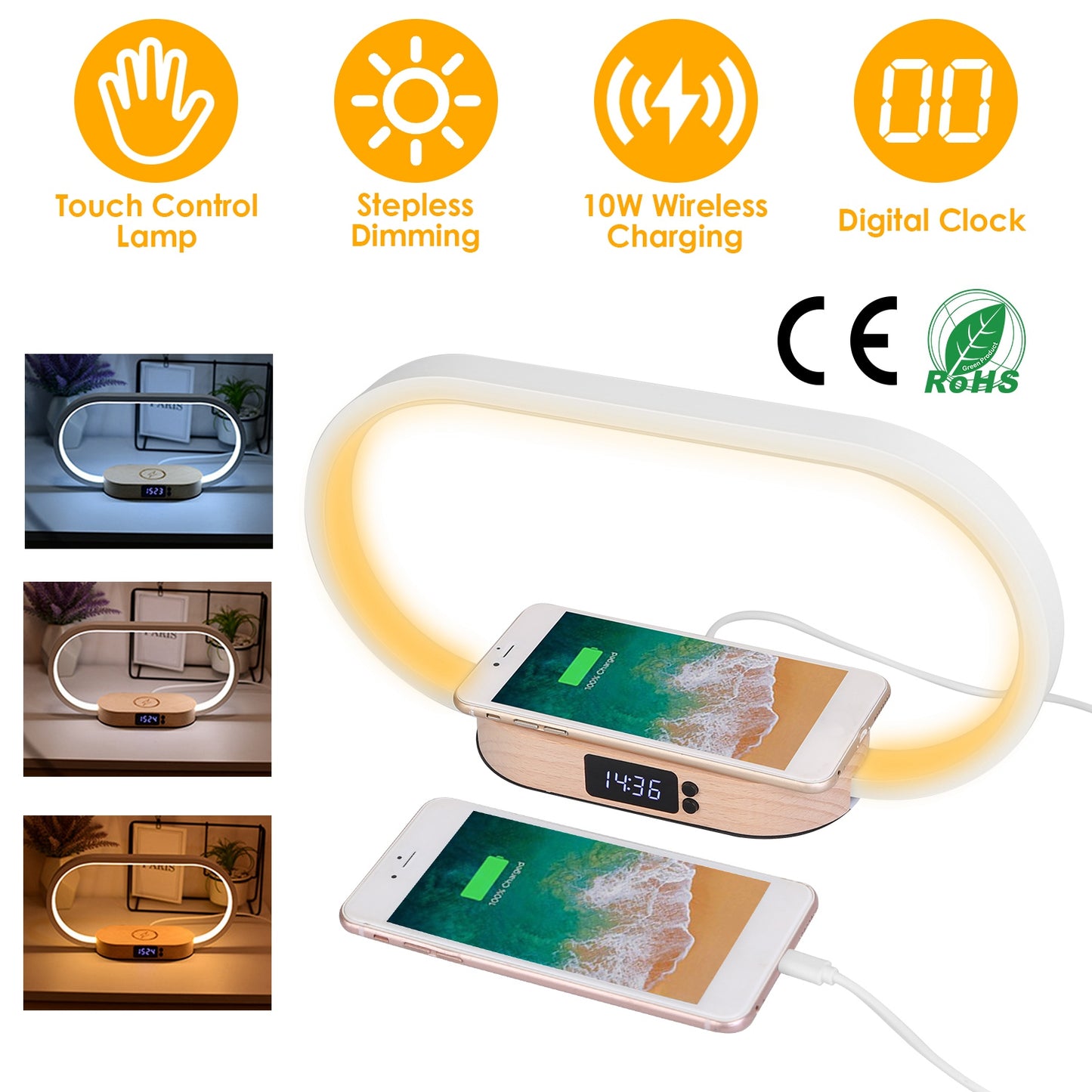 Bedside Table Lamp Touch Control Lamp with Clock Wireless Charging LED Desk Lamp Dimmable Nightstand Reading Lamp