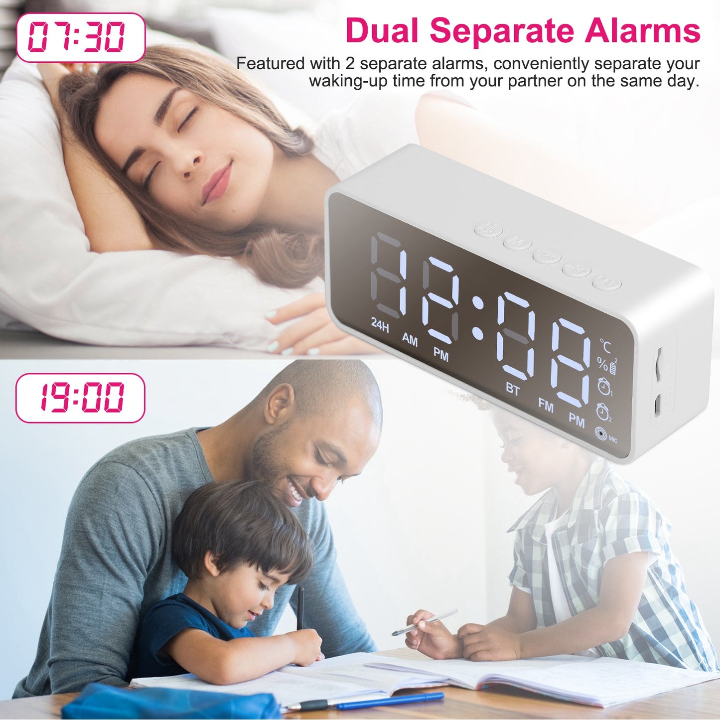Mirror Digital Alarm Clock LED V5.0 Wireless Speaker Clock with FM Radio Temperature Display MMC Card Slot