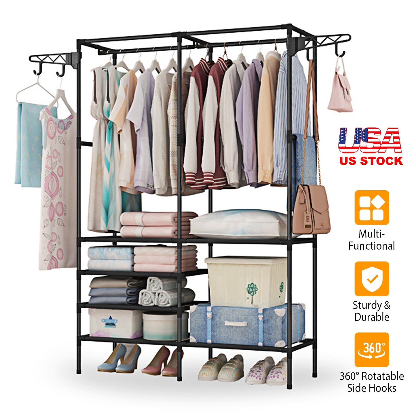 Metal Garment Rack Shoe Clothing Organizer Shelves Freestanding Multifunctional Clothes Wardrobe