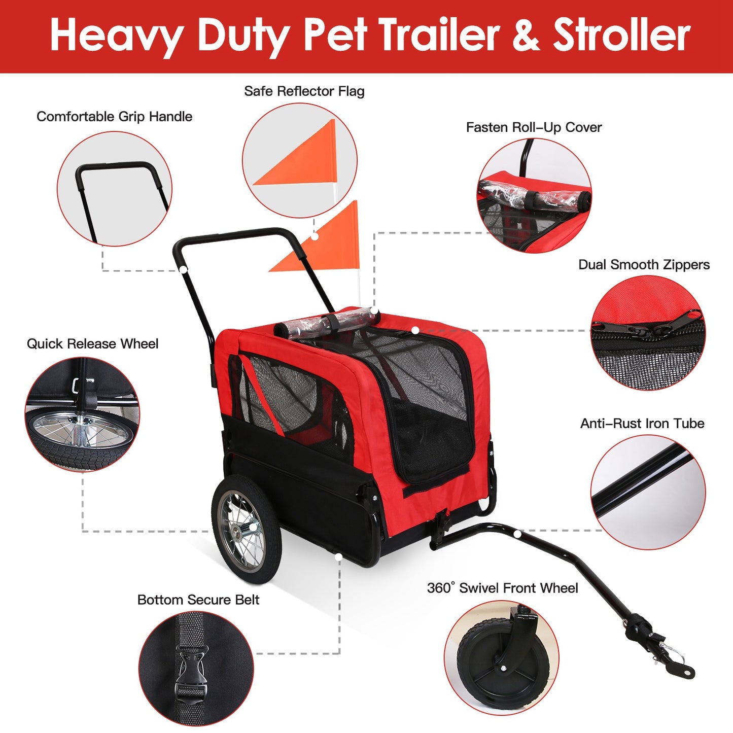 2-in-1 Pet Bike Trailer And Stroller with Canopy Bicycle Carrier Bicycle Cargo Wagon Trailer 44LBS Weight Capacity For Small Medium Dogs Cats