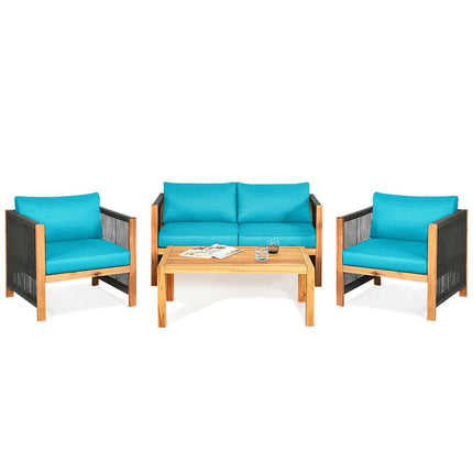 4 Pieces Acacia Wood Outdoor Patio Furniture Set with Cushions