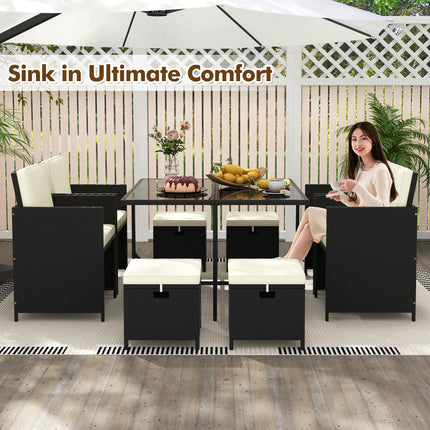9 PCS Outdoor Dining Furniture Set with Tempered Glass Table and Ottomans-White