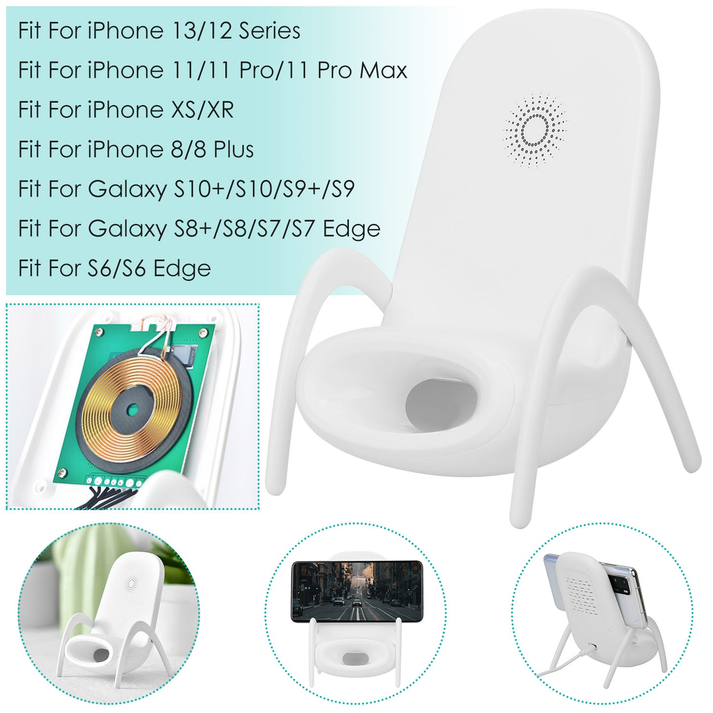 Wireless Charger Portable Mini Chair Phone Holder Stand Bracket with Physical Speaker Fit For All Phone with QC2.0 QC3.0 Standard