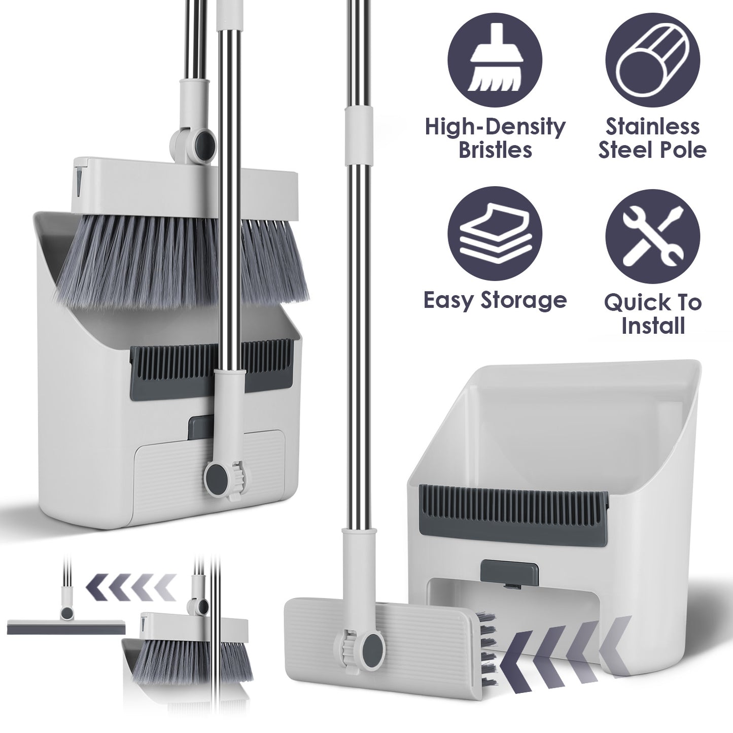 Broom And Dustpan Combo Set With Squeegee Stainless Steel Handle 4 In 1 Upright Standing Broom And Dust Pan For Indoor Outdoor Garage Kitchen Room Off