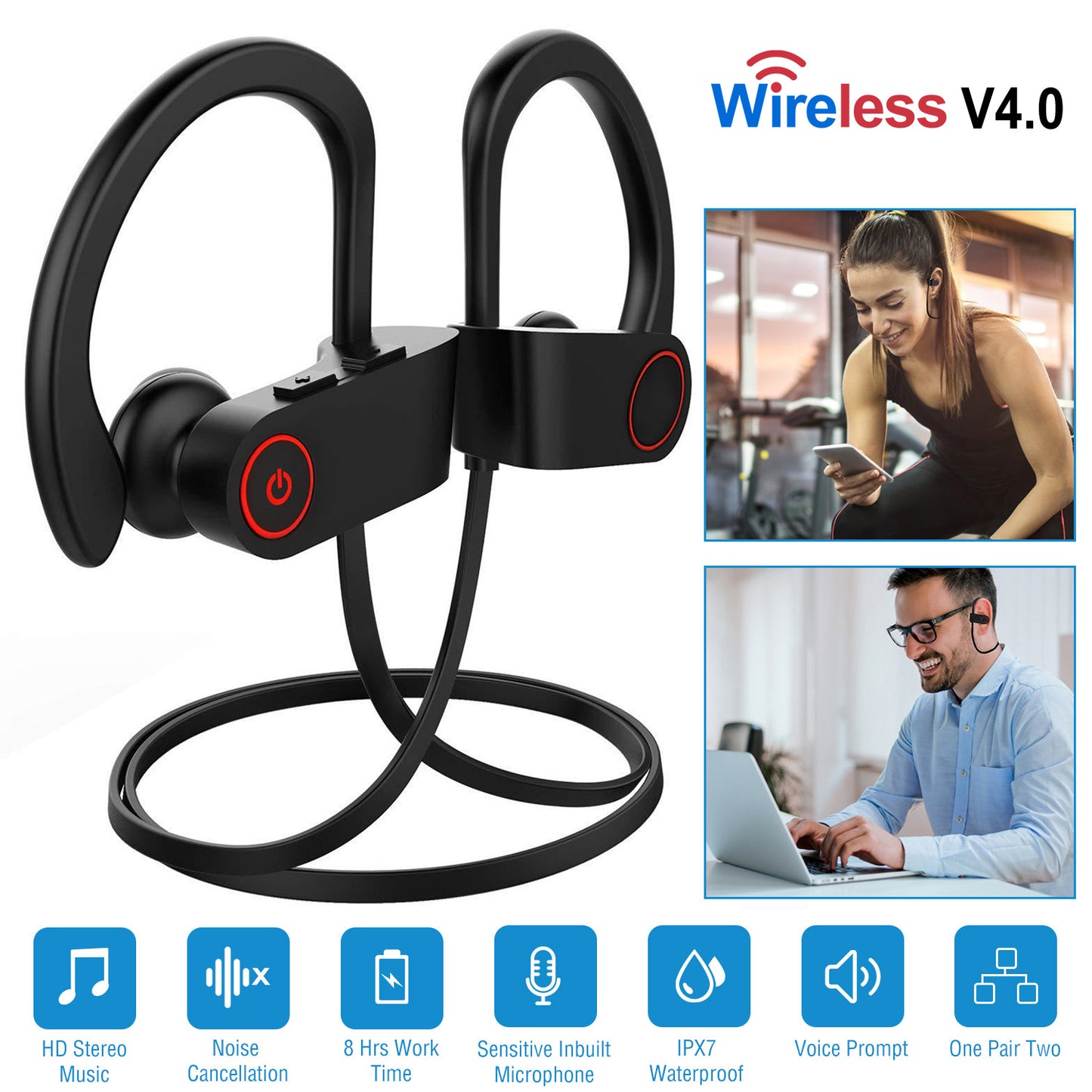 Wireless Headset IPX7 Waterproof Sport Headphones In-Ear Wireless4.1 Stereo Earphone Noise Canceling Neck Earbuds w/Mic 8 Hrs Work Time for Running Hi