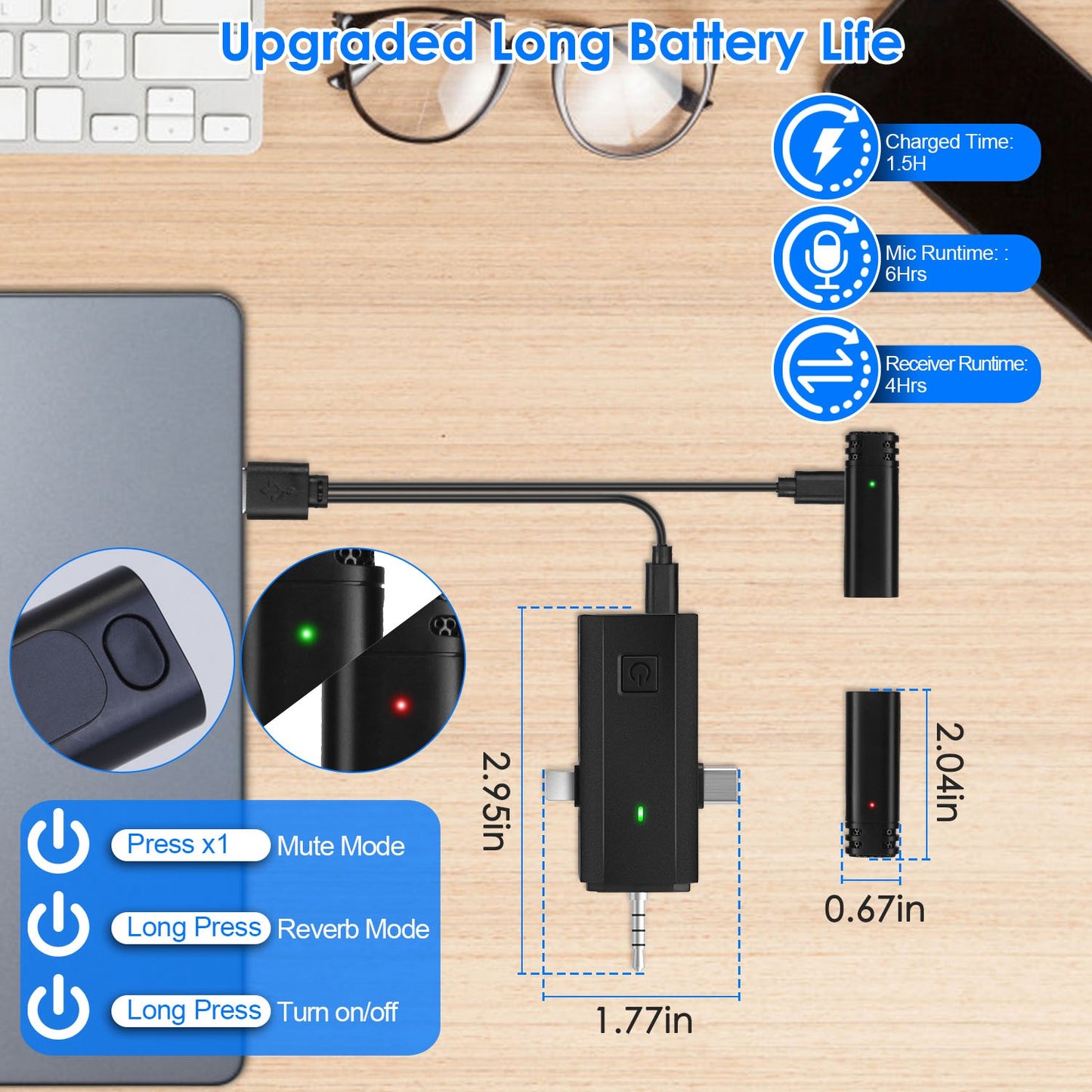 2 Pack 3 in 1 Wireless Clip On Microphone Omnidirectional Mic Noise Reduction Plug and Play 65.6FT Transmission Type-C IOS PC Video Record Interview V