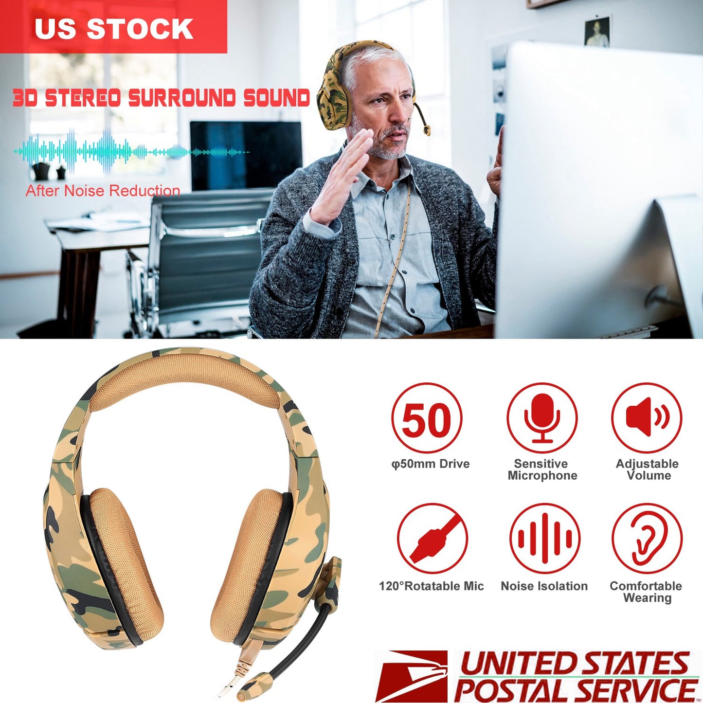 Gaming Headsets Noise Isolation Volume Adjustment Stereo Earmuffs w/ Microphone 3.5mm Plug Adapter 7.4ft Cord Over-ear Headphones for Game Lovers