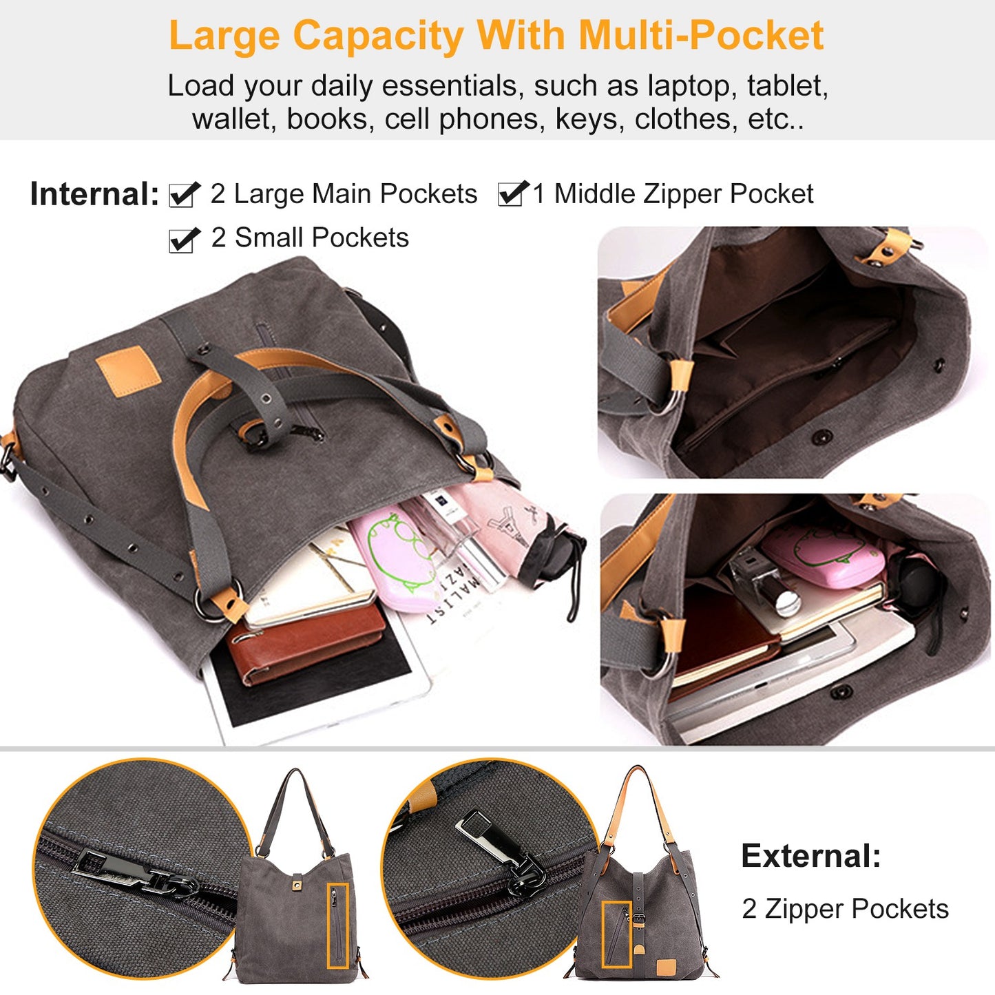 Ladies Canvas Tote Bag Multifunctional Purse Handbag Adjustable Shoulder Rucksack Convertible Backpack Wear-Resistant Dirt-Proof For Women School Offi