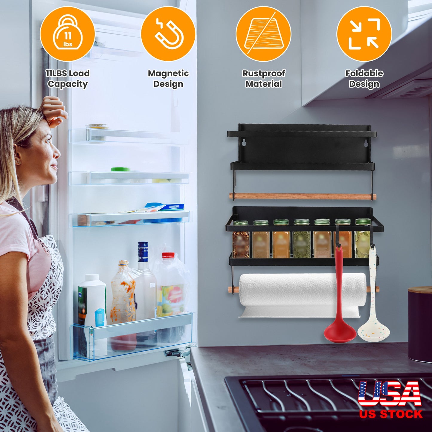 2Pcs Magnetic Spice Racks for Refrigerator With Paper Towel Holder Hooks Kitchen Space-Saving Foldable Fridge Magnet Organizer For Oven Microwave Wash