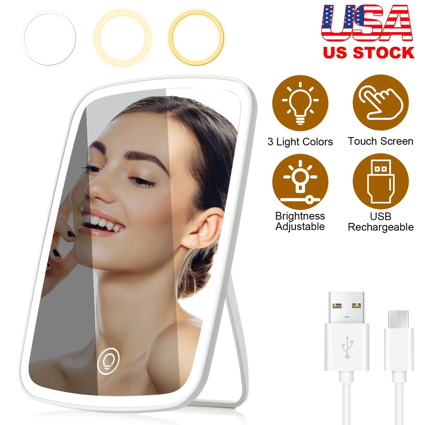 5.98x8.62in Lighted Makeup Mirror Vanity Desk Mirror Small LED Mirror with 3 Light Colors Touch Screen Brightness Adjustable USB Rechargeable
