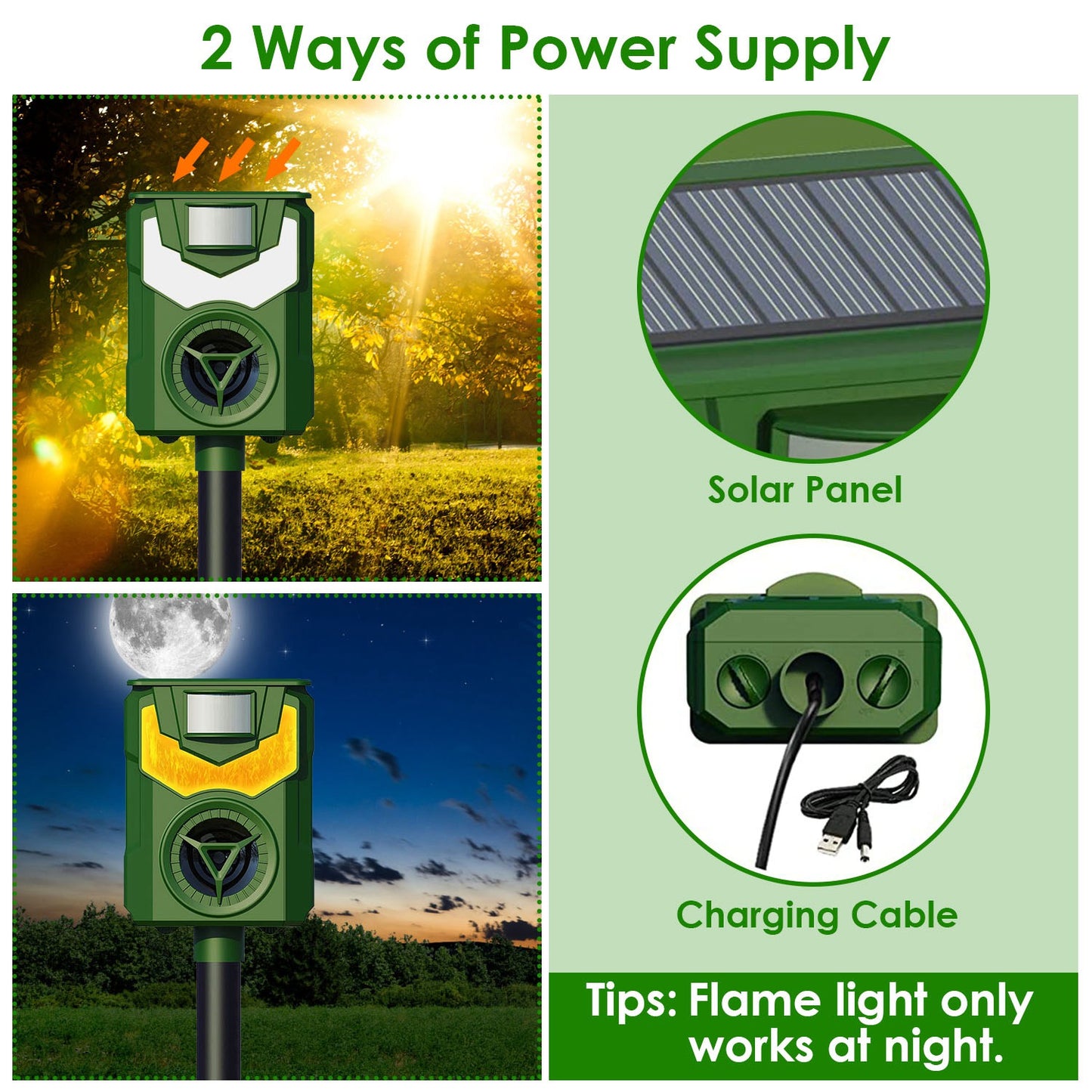 Solar Ultrasonic Animal Repeller with Flame Light USB Charge Motion Sensor Animal Repellent Chaser IP55 Waterproof Dog Raccoon Fox Skunk
