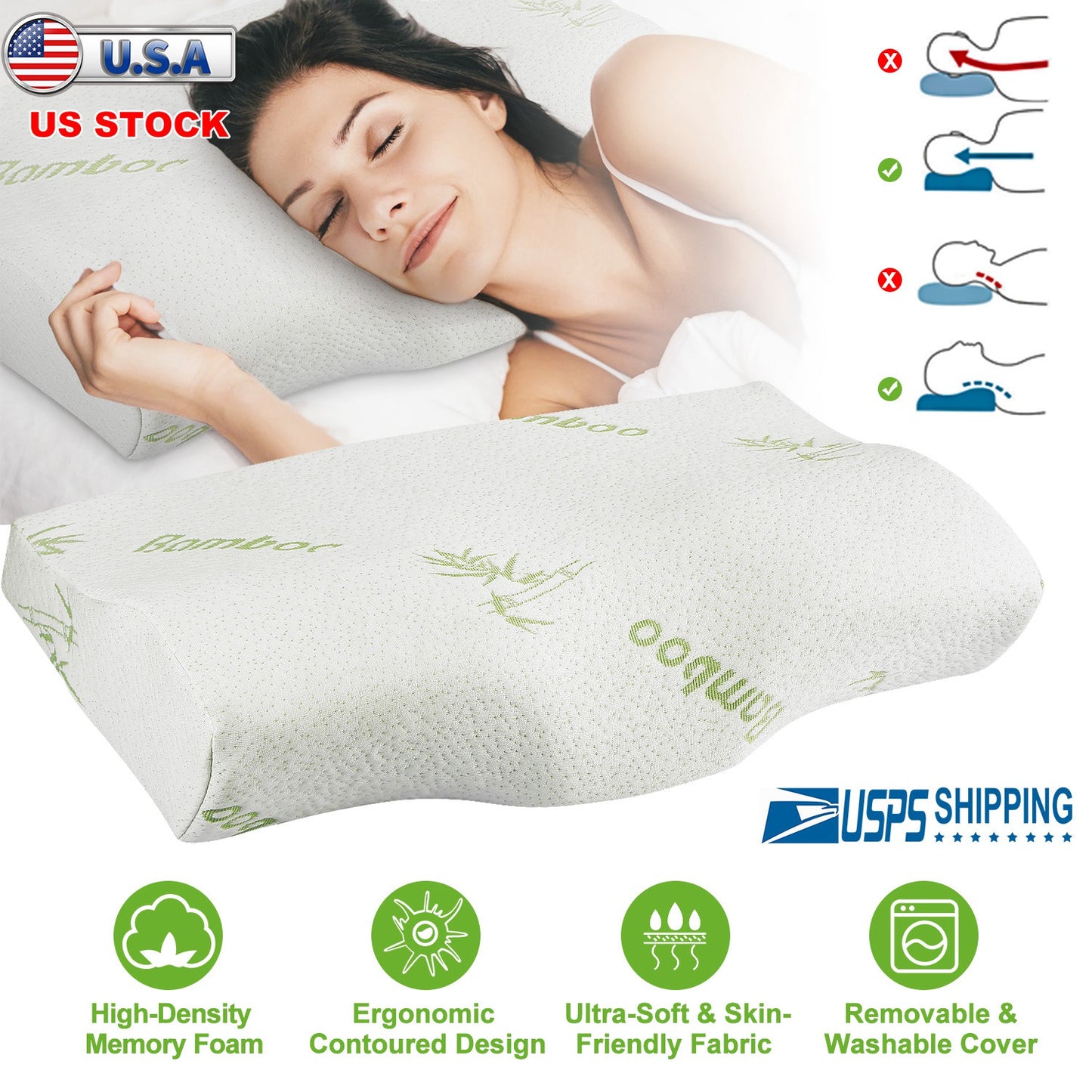Bamboo Memory Foam Sleep Pillow Contoured Cervical Orthopedic Pillow Neck Support Breath Pillow