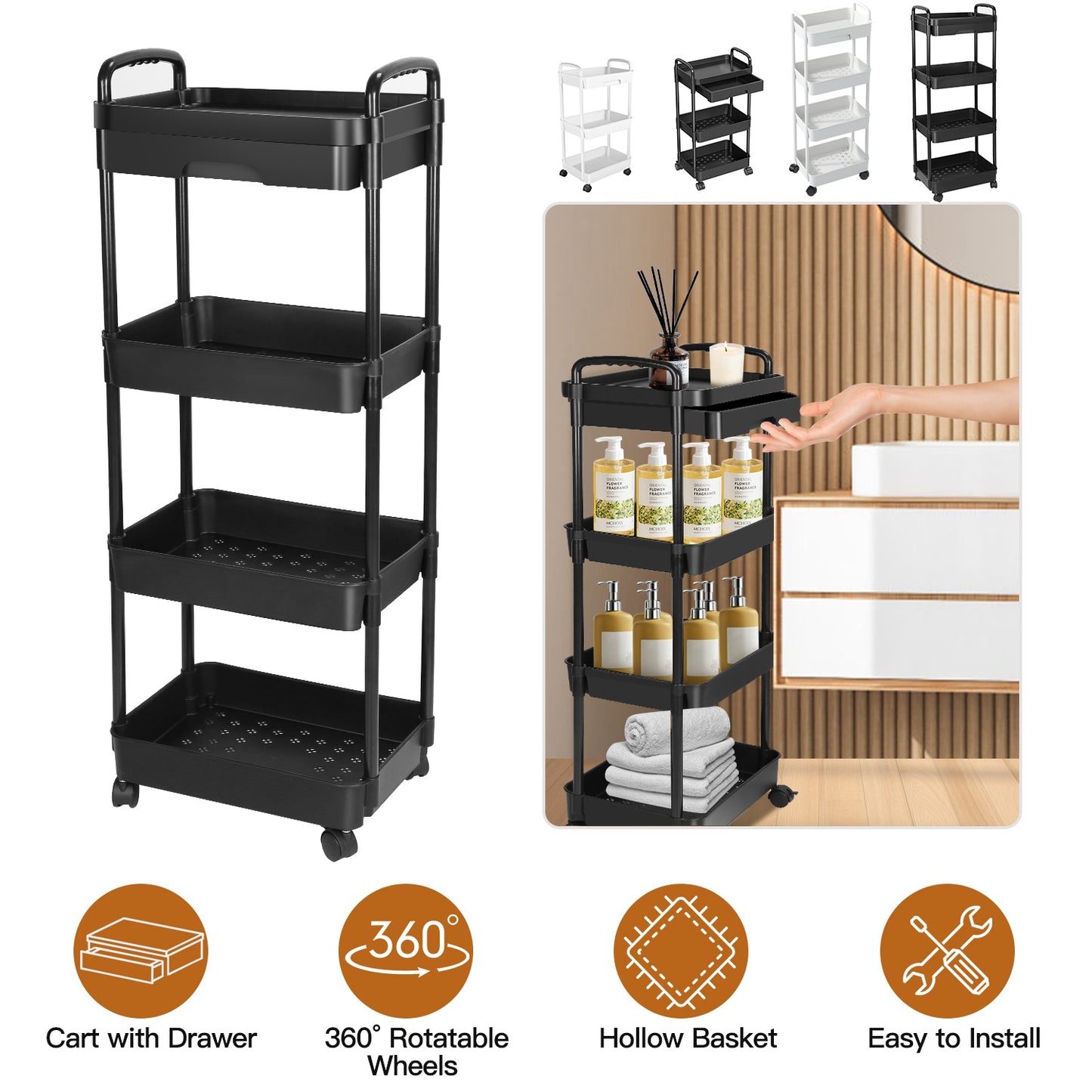 3 Tier Rolling Utility Cart Movable Storage Organizer with Drawer Lockable Wheels 360 Degree Rotatable Hallow Design for Bedroom Bathroom Kitchen