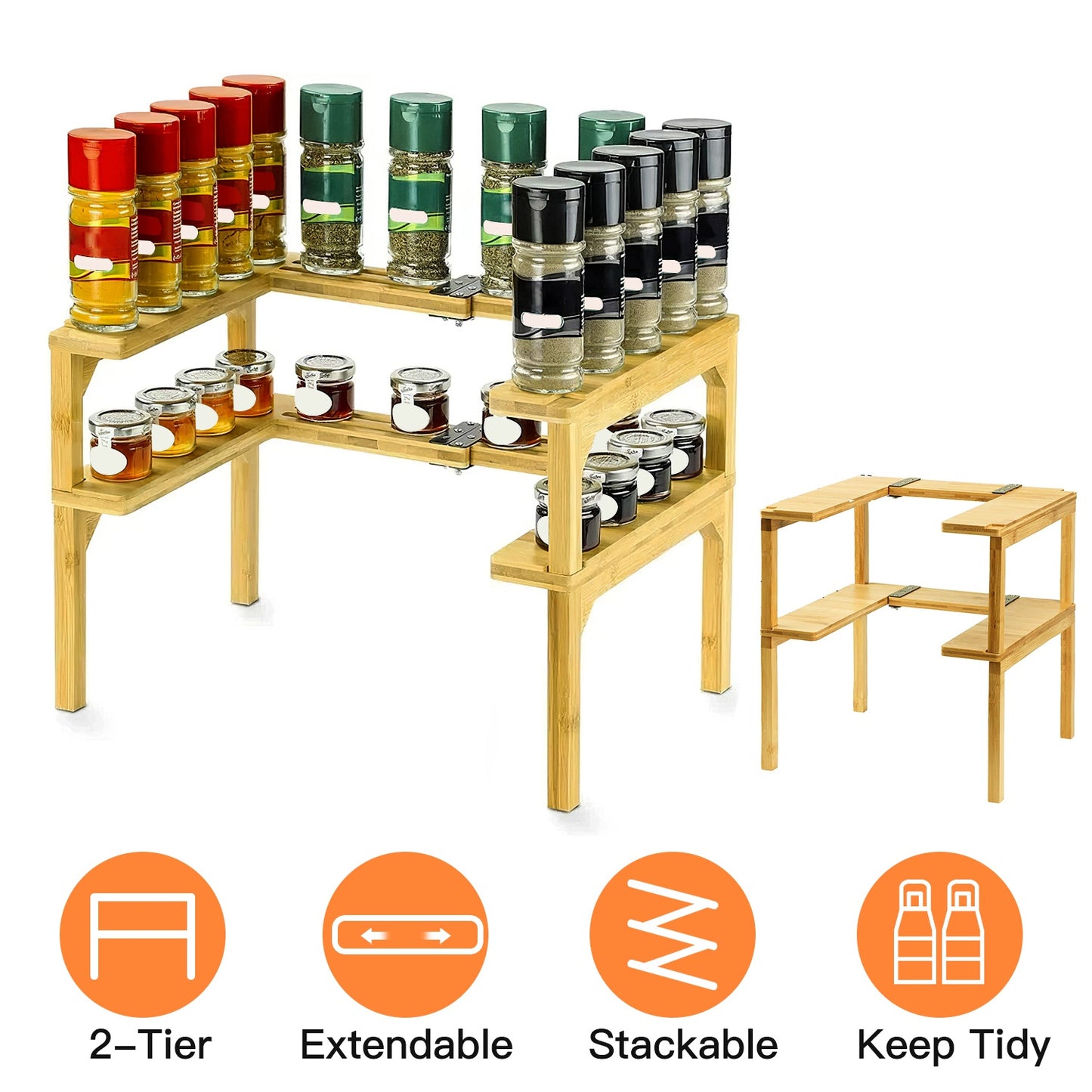 2-Tier Kitchen Spice Rack Expandable Bamboo Spice Organizer Cabinet Stackable Seasoning Organizer Extendable Spice Jar Rack for Countertops Pantries C