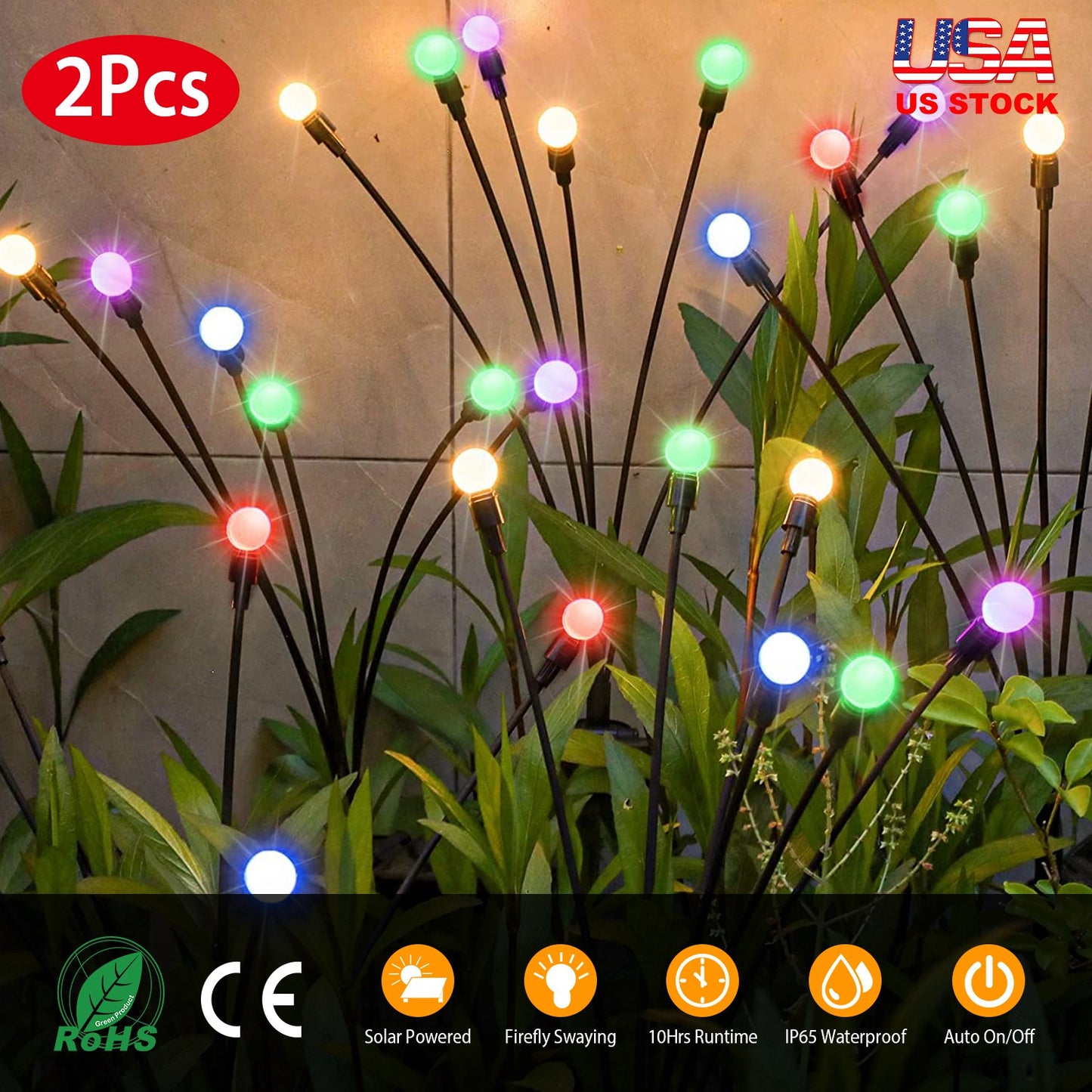 2Pcs Solar Firefly Lights Swaying Decorative Pathway Lamp IP65 Waterproof Landscape Patio Yard Night Light
