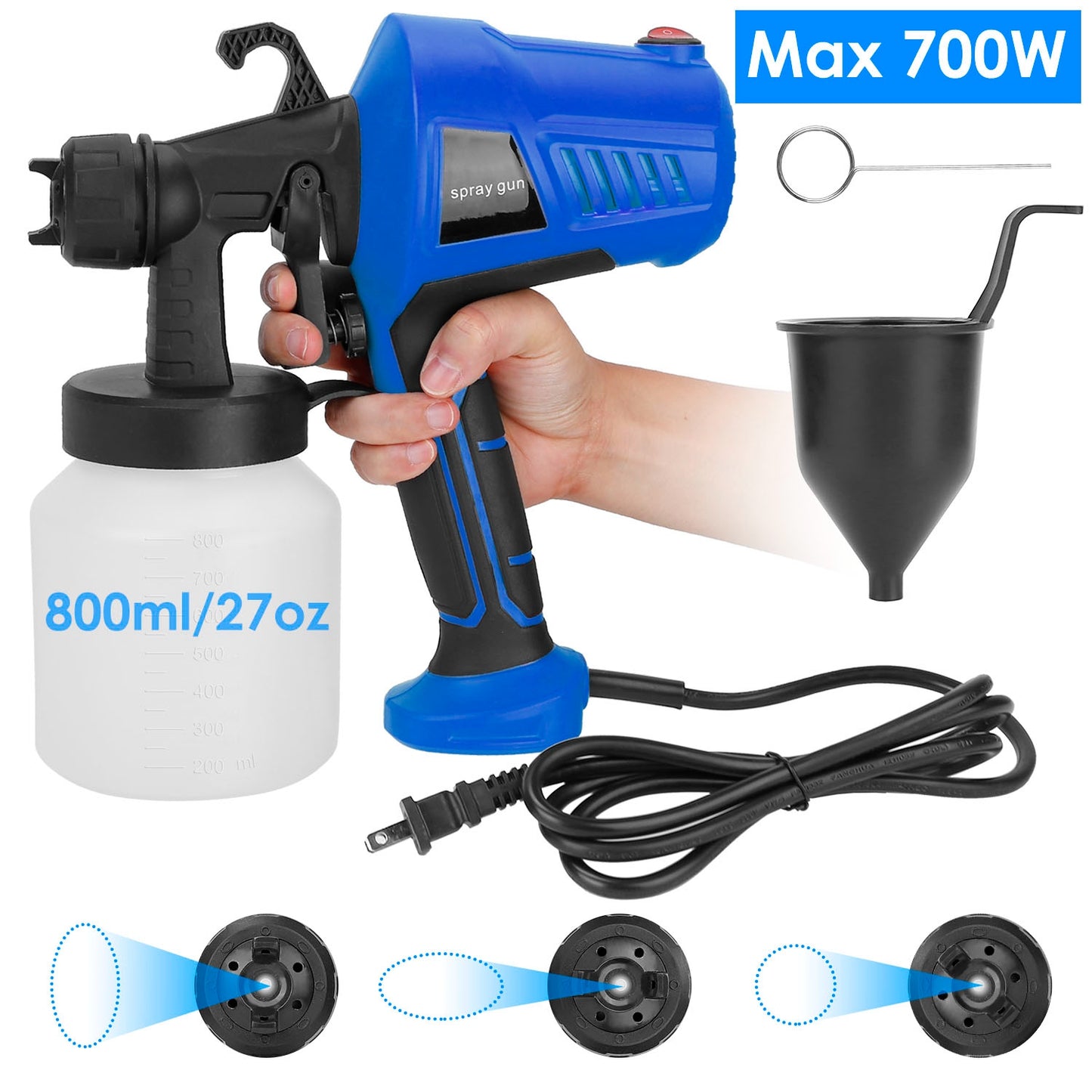 700W Electric Paint Sprayer Handheld HVLP Spray Painter Painting Spray Gun For Fences Brick Walls w/ 3 Spray Patterns 800ML Detachable Cup