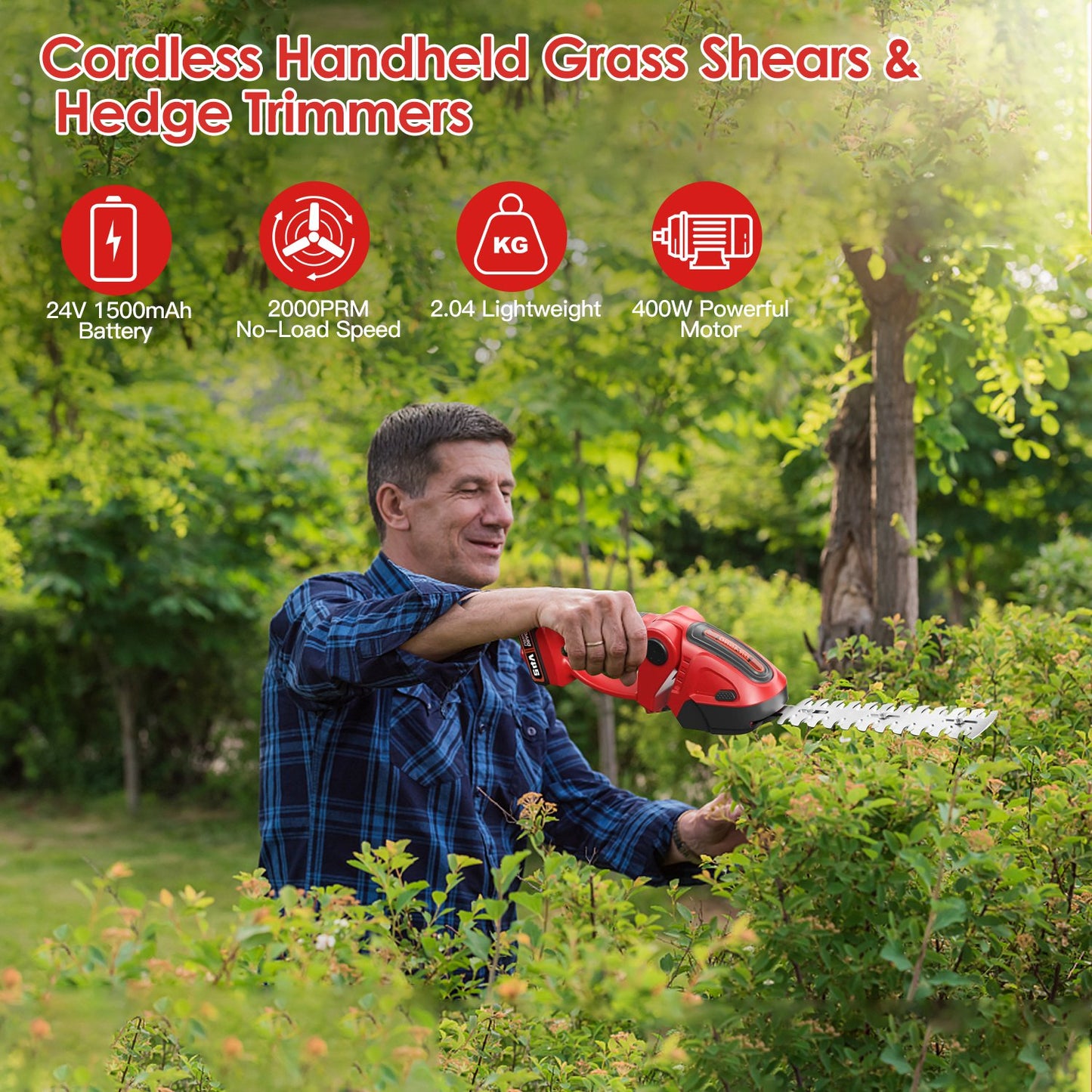 24V Cordless Handheld Grass Shear Hedge Trimmer with 90¡ Cutting Angle 2Pcs Replaceable Blades Electric Shrub Trimmer Hedge Cutter with Detachable Bat