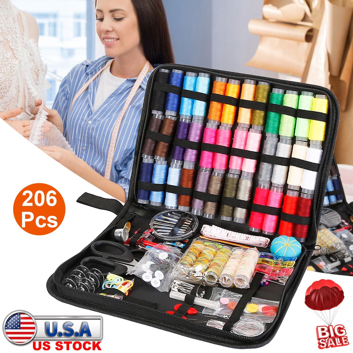 206Pcs Travel Sewing Kit DIY Sewing Supplies Needles Thread Stitching Kit with Scissors Thimble Tape MeasureÊfor Adults Kids Beginners Travelers